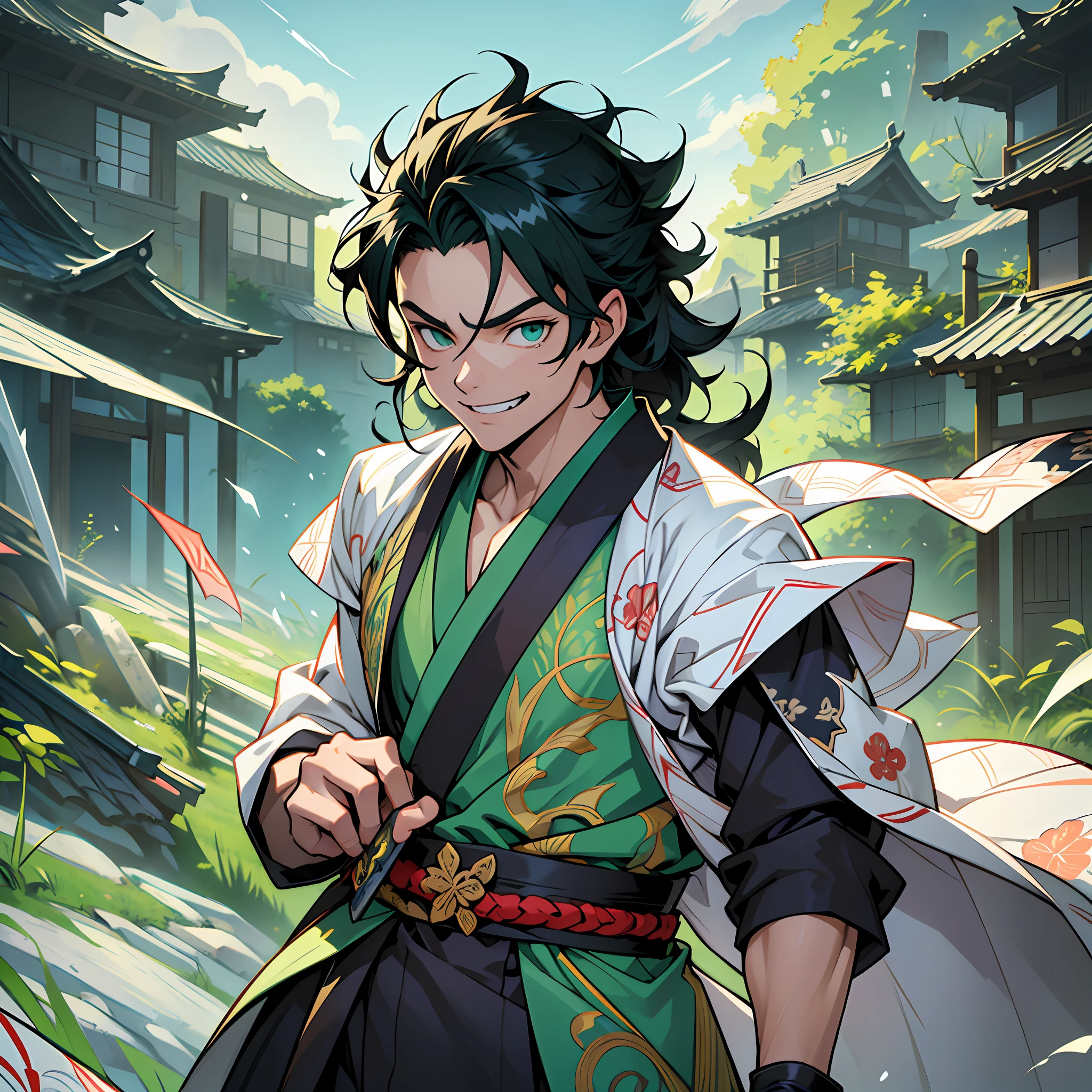 ((best quality)), ((ultradetailed)), ((masterpiece)), best quality (katana: 1.4), serious,(at night: 1.4), a 16-year-old who has his big black hair, which goes up to his waist. Your hair is thick and has a healthy appearance, your hair is large and not stuck, contrasting with your fair skin. The young man's eyes are emerald green, and are deep, expressive, and intense like two clear pearls. They reflect calm and an inquisitive curiosity. He has a big smile on his face and a watchful eye. With his upright posture, the young man shows a confident bearing and a cheerful and hyperactive aura. He wears a green kimono with prints in geometric shapes in the theme of demon slayer, made of a quality fabric. giving him the look of a swordsman. At his waist, he carries a white katana with gray details on the blade. The long, sharp blade is made of polished steel, its coloration is white, and it is reflecting light. He's in a green and beautiful field.  He has a cheerful face. Kimetsu no Yaiba style, alone, 1boy, demon slayer style, loose hair, petulant look, smiling, confident, only 1, spilled hair, loose and big hair, demon slayer artstyle