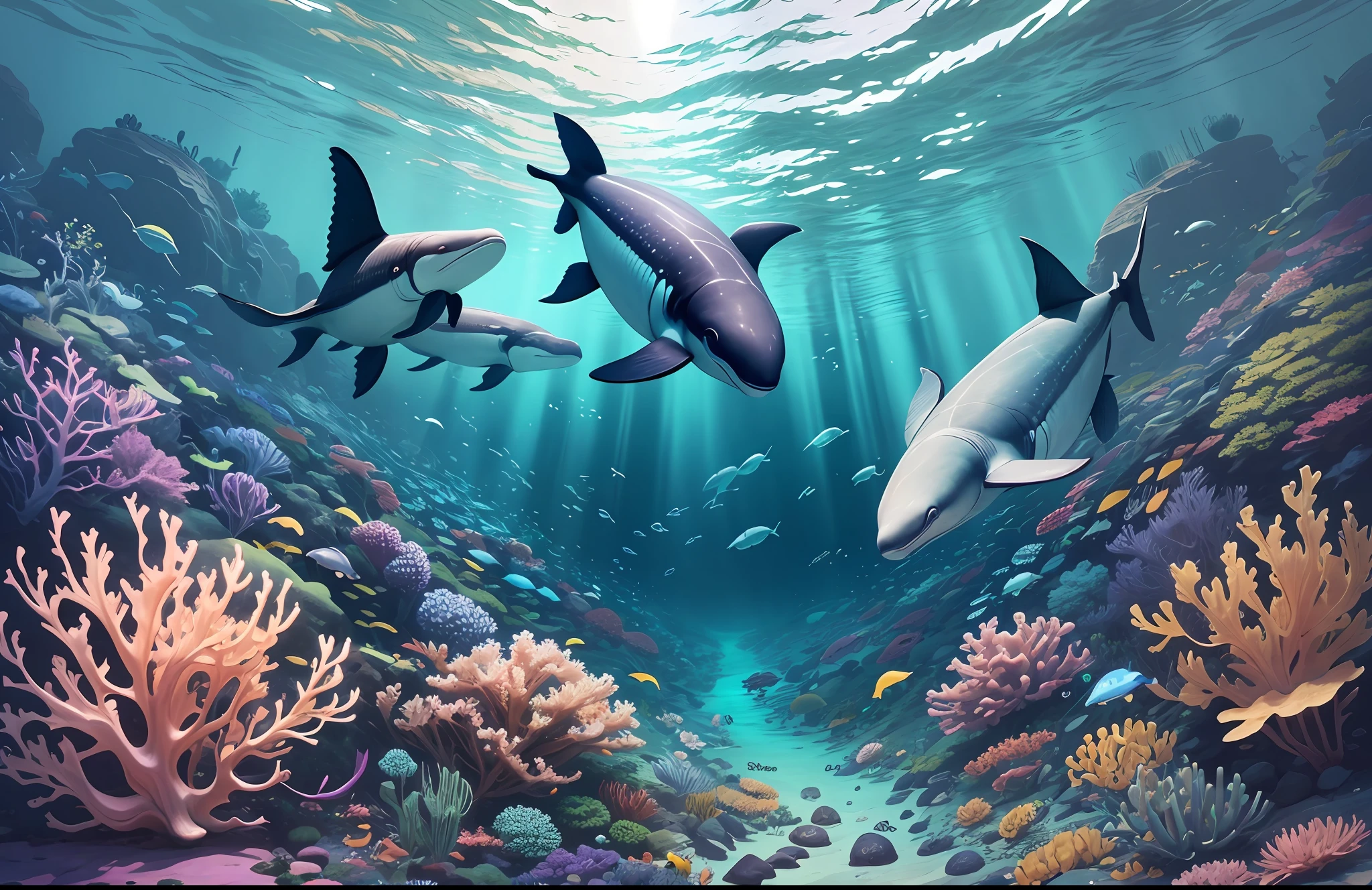 There are two whales swimming in the ocean surrounded by fish, sea turtles,unbelievable depth, amazing depth, underwater world, , beautiful wallpaper, tropical marine life, colorful fish school, high quality wallpaper, seabed, coral reef, high quality wallpapers, underwater life, underwater scenery, killer whales, stingrays, seabed, amazing wallpapers, beautiful high resolution, backgrounds --auto --s2