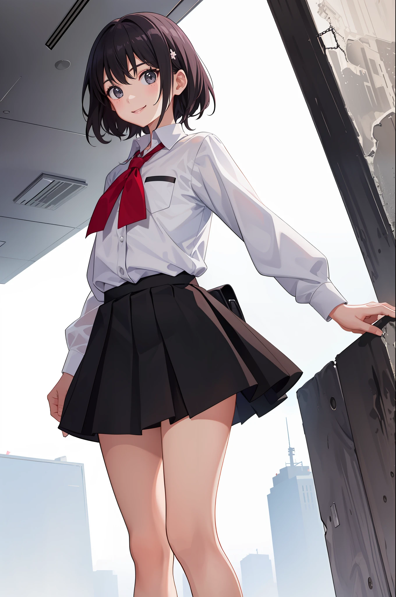 1 girl, smile, shirt, skirt, (small)
