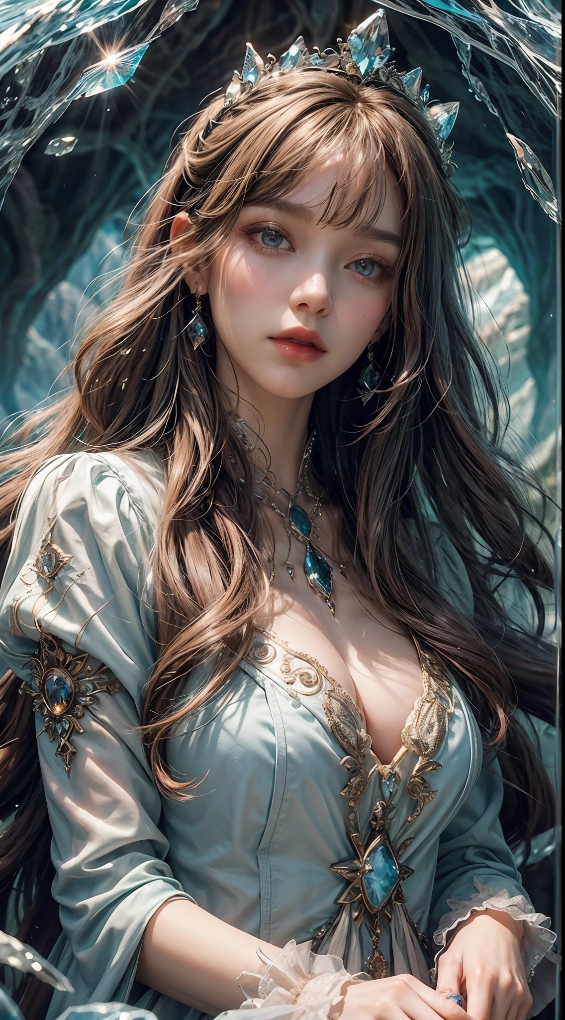 (ridiculous, high resolution, super detailed), 1woman, queen, older, wavy long hair, russet hair, coral eyes, bangs, long sleeves, delicate eyes and delicate face, extremely detailed CG unity 8k wallpaper, intricate details, (style-swirlmagic:1.0), looking at viewer, solo, upper body, detailed background, close up, detailed face, (gothic dark ages theme:1.1), crystal sorcerer, dynamic pose, earth themed clothes, crystal crown, floating in the air, glowing magic fragments, surrounded by blue magic crystals, rock formations, stalactites, magic floating particles, crystal glass, crystal balls, crystal canyon background, (shallow water: 0.7), epic ethereal atmosphere, updraft, portrait