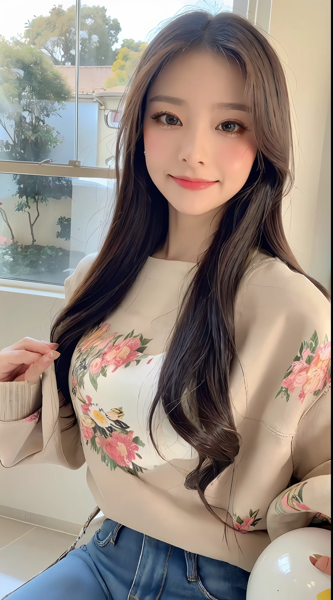 8K resolution, extreme picture quality, super high definition, a beauty, single, thick eyebrows, eyebrows upturned, extreme face, (long hair, tied with two balls hair style), color clear eyes, (smooth hair, delicate and perfect facial features, the most beautiful big eyes, long eyelashes, sweet eyes with silkworms, smile, gentle, seductive lips, smile, seductive smile, delicate skin, shiny, moisturizing skin, blushing face, ribbon trim, sunglasses, heavy makeup, (((wear colorful floral crewneck sweatshirt))), (( (New Perfect Jeans))), background floor-to-ceiling windows, high-rise buildings outside the window, ultra HD, dreamy, photorealistic light and shadow, hyper-realism, highest precision