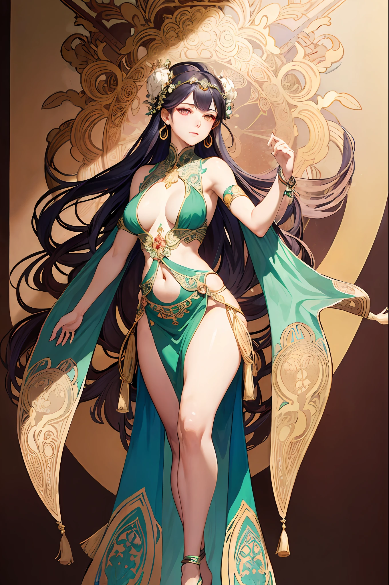 (Alphonse Mucha: 1.4), facial portrait of a European beauty, dance, long hair, red and green gradient hair flower decoration, (no clothes: 2), (details +Intricate details: 1.2), 4K, abstract art, body is proportional, line art, side face, color, Fibonacci, an ancient Chinese beauty, gorgeous costume embroidered with intricate embroidery, transparent colored streamers tied on arms, flowing, navel, bare shoulders, bare neck coiled hair bun, flower hairpin, arm ring tied with streamer, bracelet, anklet, metal chain tassel tied around the waist, Mogao cave art, Dunhuang flying sky mural inspiration, ink, cgstation popular --v 6