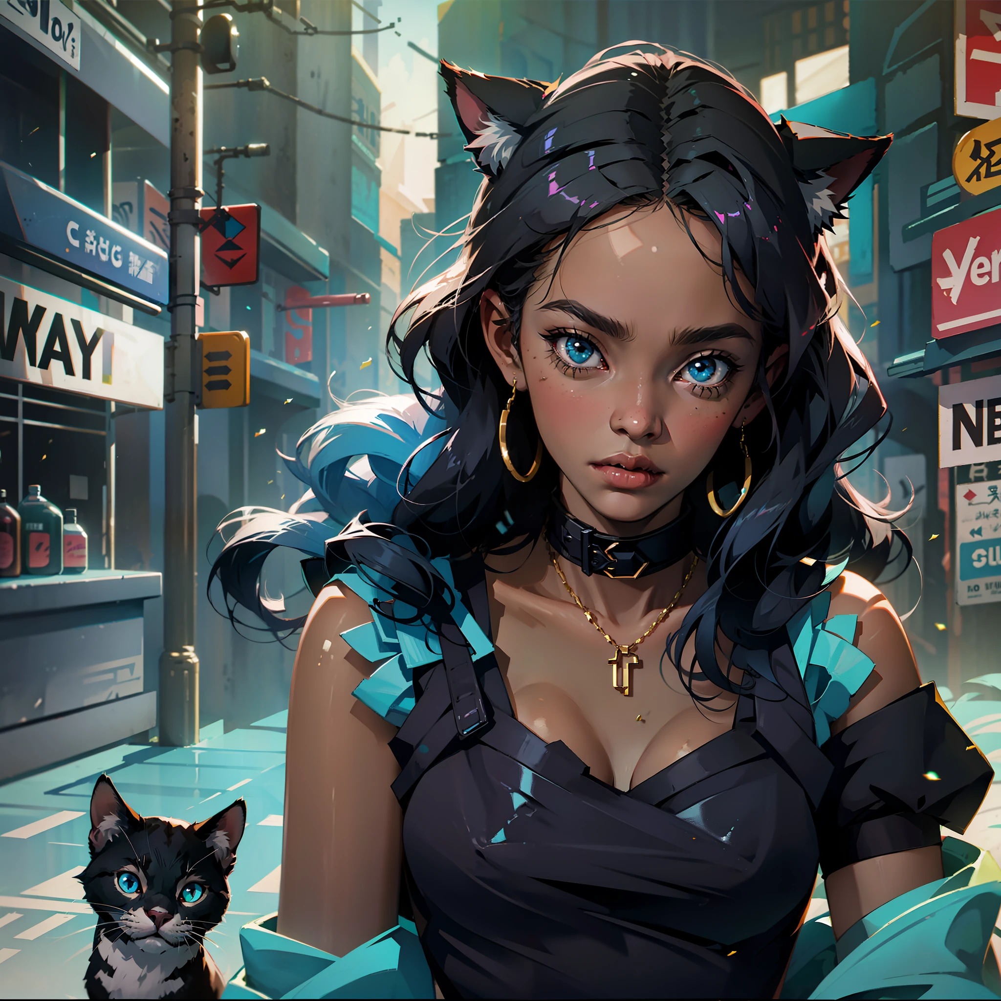 Dark-skinned maiden with cat ears saves a puppy on the streets of cyberpunk