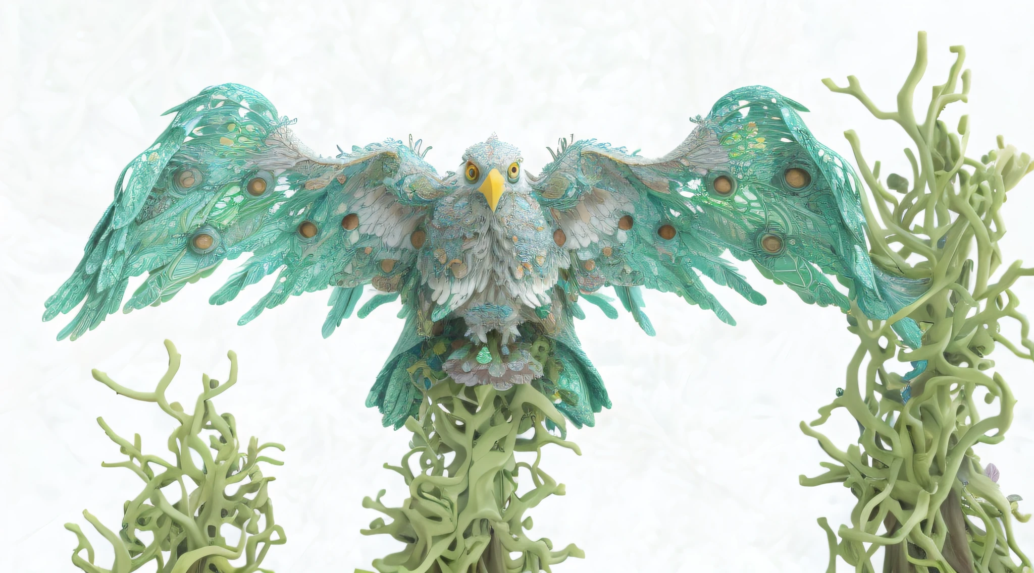there is a bird that is sitting on a branch of a tree, eagle coral, intricate ornate anime cgi style, intricate artwork. octane render, inspired by Earnst Haeckel, mandelbulb flowers and trees, metamorphosis complex 3d render, highly detailed creature, mandelbot fractal anatomical, intricate 3 d illustration, inspired by Ernst Haeckel, mandelbulb architecture --auto --s2