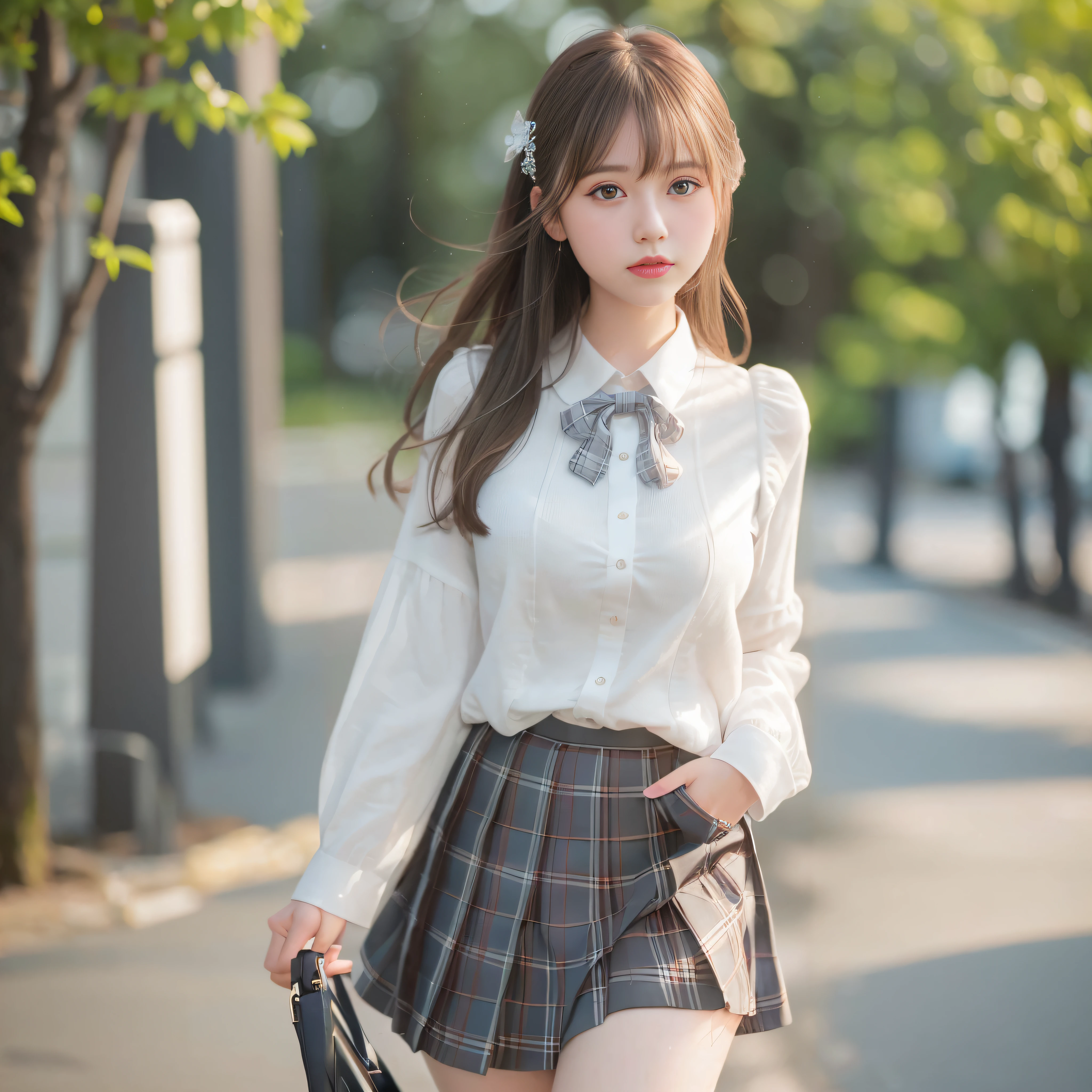 arafed asian woman in a skirt and shirt walking down a street, wearing a blouse, sakimichan, puff sleeves, white blouse, wearing a white blouse, wearing in shirt, japanese girl school uniform, japanese school uniform, button - up shirt, school girl, wearing a light shirt, white shirt and grey skirt, white trendy clothes