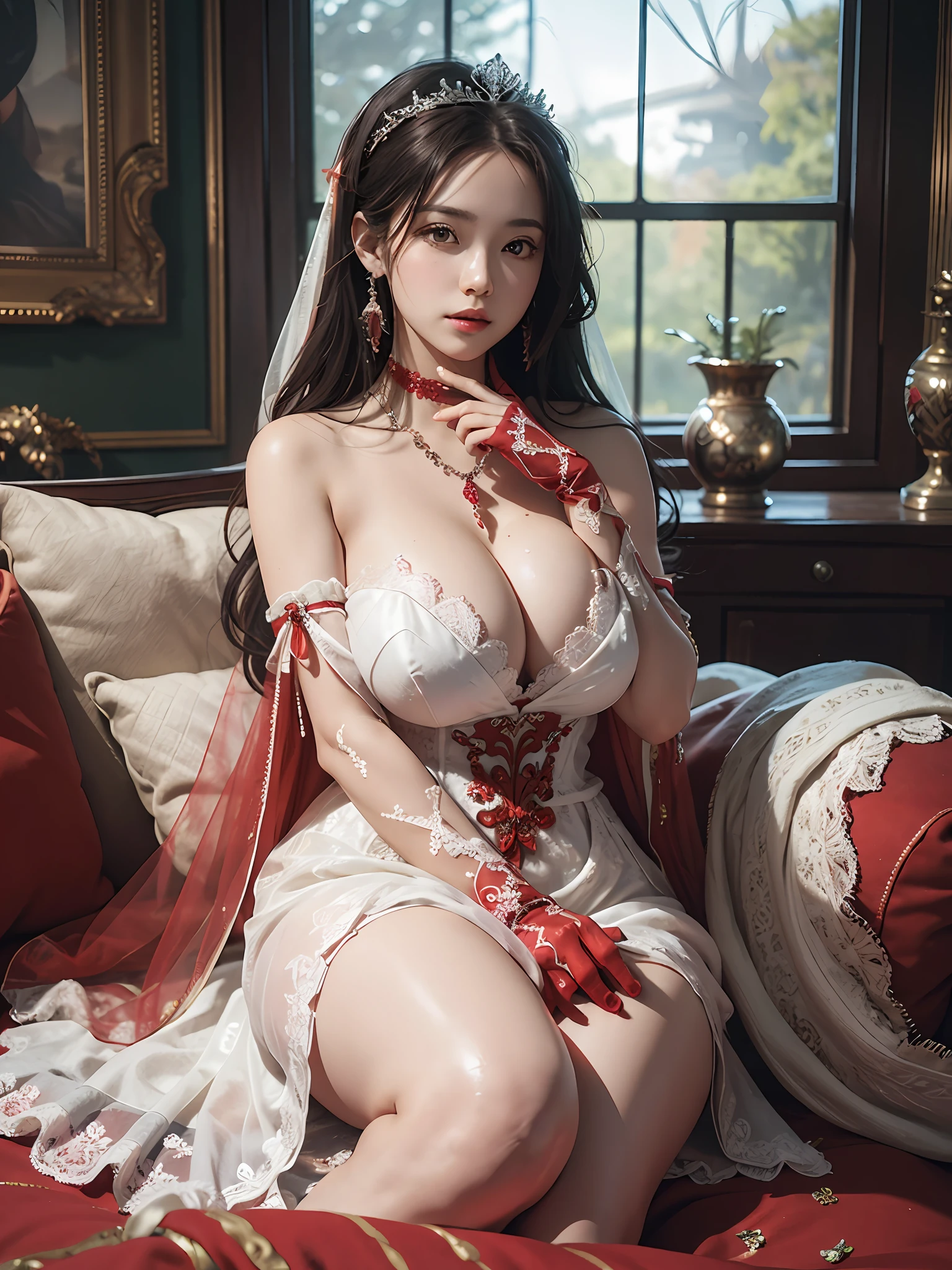 (8k Very Detailed CG Unit Wallpaper), (Best Quality), (Best Illustration), (Best Shadow), (Detail: 1.4), 3D, HDR (High Dynamic Range), Ray Tracing, NVIDIA RTX, Super Resolution, Subsurface Scattering, PBR Texture, Post Processing, Anisotropic Filtering, Depth of Field, Maximum Sharpness and Acutance, Multi-layer Textures, Albedo and Highlight Mapping, Surface Shading, Accurate Simulation of Light-Material Interactions, Perfect Proportions, Octane Rendering, Two-tone Lighting, Wide aperture , low ISO, white balance, rule of thirds, 8K RAW, intricate detail, fine pattern, deep shadows, masterpiece, realism, roughness, ultra-realistic, shot on canon EOS R5, 50mm lens, f/2.8, sharp focus, smooth, roughness, real life, realism, photography, 8k ultra hd, sit on red sofa, bride in flowers, woman in flowers, bride, beautiful bride,mature female,full body,red Wedding dress,red veil,red gossamer cloak,red gossamer coat,red gossamer long skirt,red gloves,red stockings,necklace,earrings,crown, jewels, jewelry, head ornaments, hands ornaments, legs ornaments, high heels, huge breasts, large breasts, big breasts, burst breasts, big breasts, full breasts, exposed breasts, bare breasts,