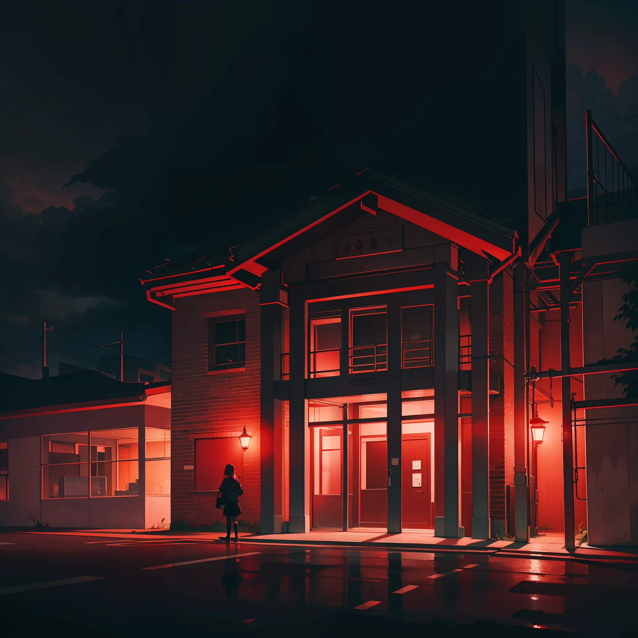 Gloomy school, dark night, outside, school entrance, school building, red lighting