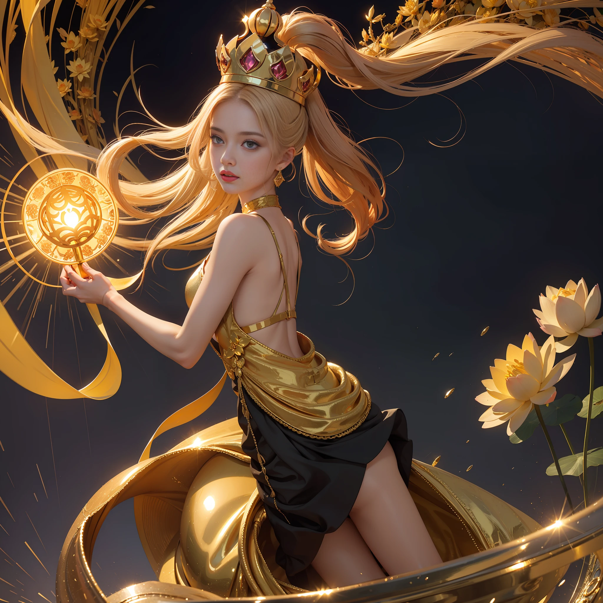 Golden sky, the ground is covered with gold bricks, square gold bricks, the ground is as flat as a mirror, a pool covered with golden sand, no walls, lotus flowers as big as wheels, colorful lotus flowers, people in the sky, with five Buddha crowns, golden onyx, golden marble, golden buildings, lotus flowers as big as wheels, yellow light, red light, purple light, white light, blue light