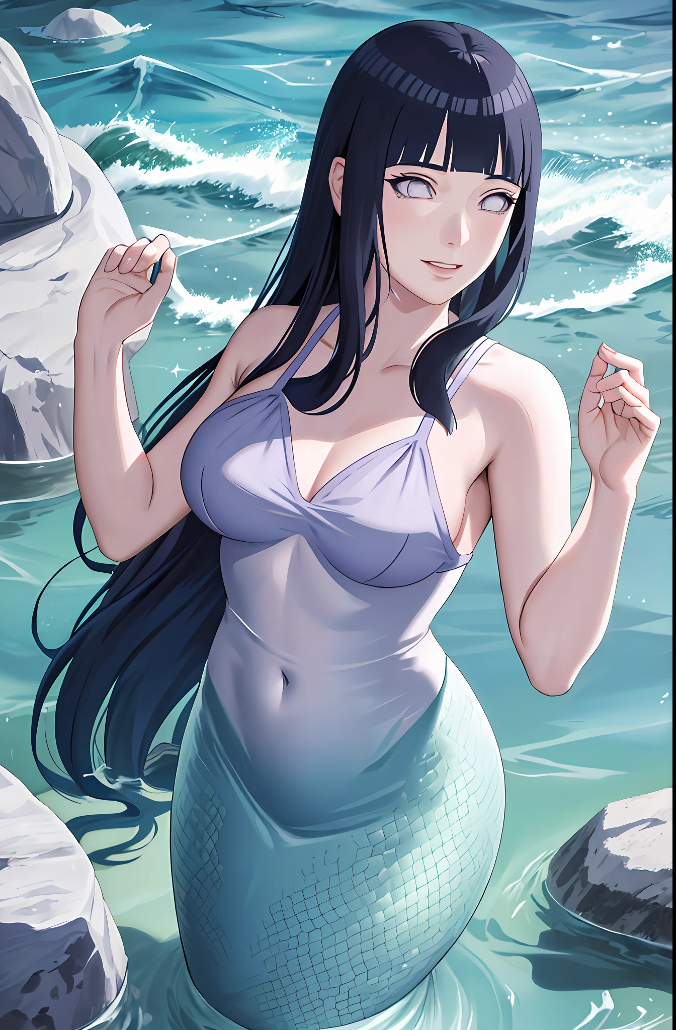 masterpiece, hinata\(boruto\), solo, 1girl,medium breasts, smile, (((long hair))),mermaid, rocks, anemon, water, water effect, hair flowing, inside the sea, fishes, blink blink effect, (((detailed lips))), cowboy shoot, purple mermaid tail, dark blue hair