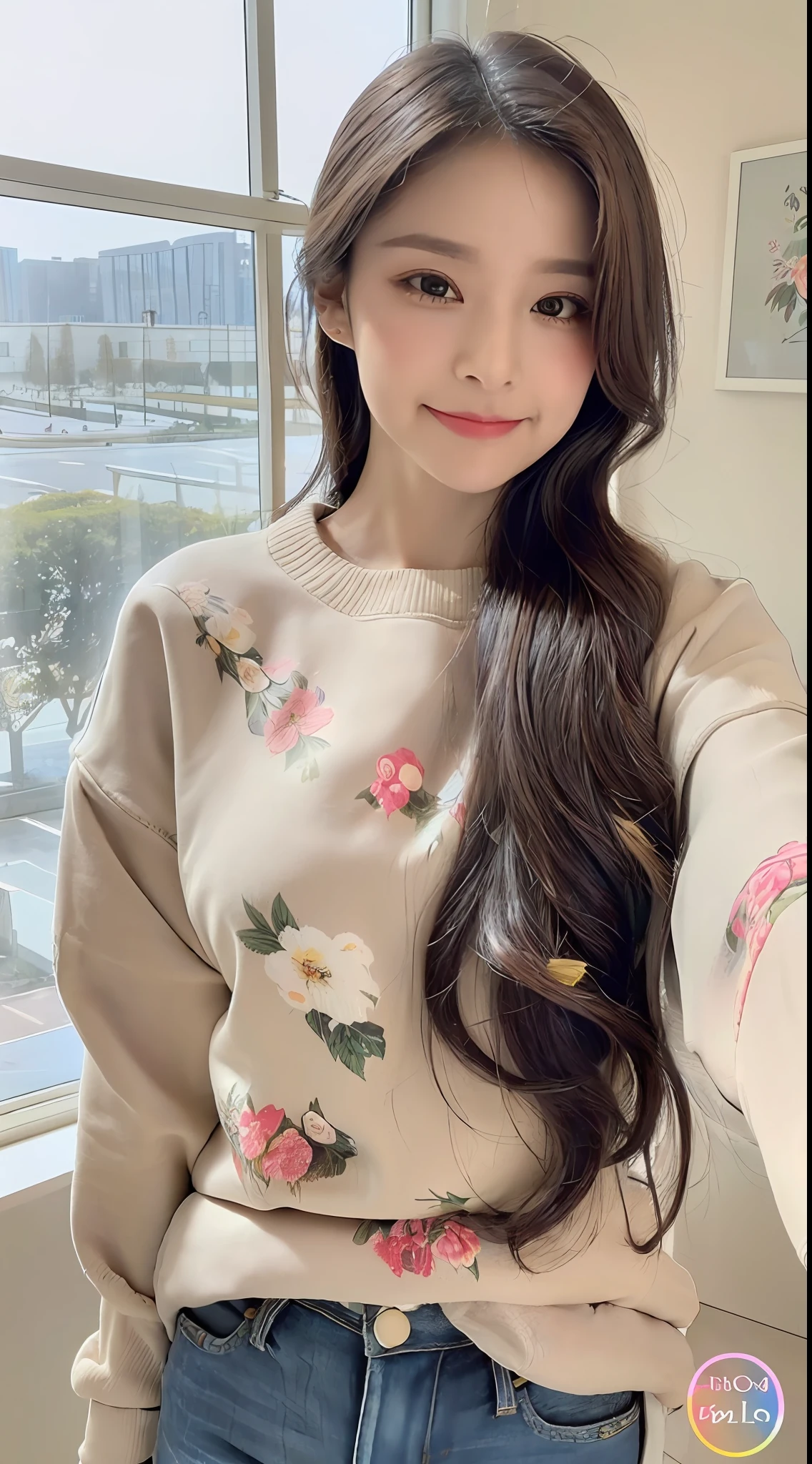 8K resolution, extreme picture quality, super high definition, a beauty, single, thick eyebrows, eyebrows upturned, extreme face, (long hair, tied with two balls hair style), color clear eyes, (smooth hair, delicate and perfect facial features, the most beautiful big eyes, long eyelashes, sweet eyes with silkworms, smile, gentle, seductive lips, smile, seductive smile, delicate skin, shiny, moisturizing skin, blushing face, ribbon trim, sunglasses, heavy makeup, (((wear colorful floral crewneck sweatshirt))), (( (New Perfect Jeans))), background floor-to-ceiling windows, high-rise buildings outside the window, ultra HD, dreamy, photorealistic light and shadow, hyper-realism, highest precision