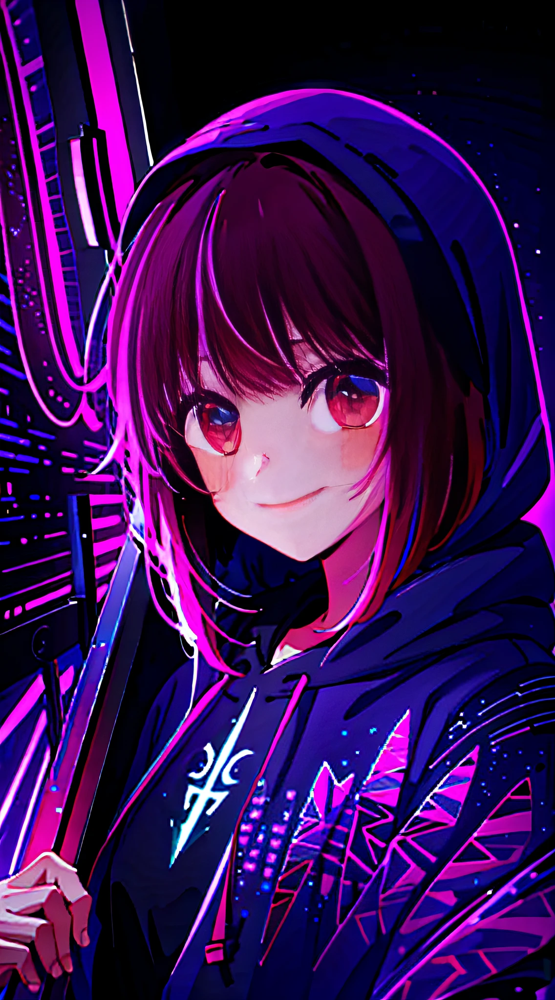 detailed background, masterpiece, best quality, smile, ornament, hoodie, portrait, neon, graffiti, dark, night, glowing eyes, blacklight