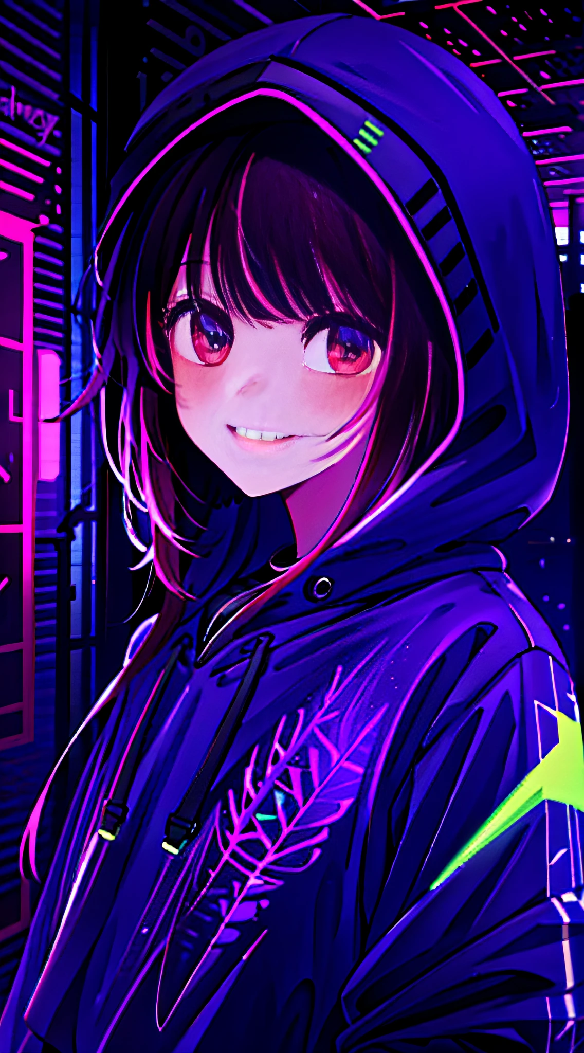 detailed background, masterpiece, best quality, smile, ornament, hoodie, portrait, neon, graffiti, dark, night, glowing eyes, blacklight