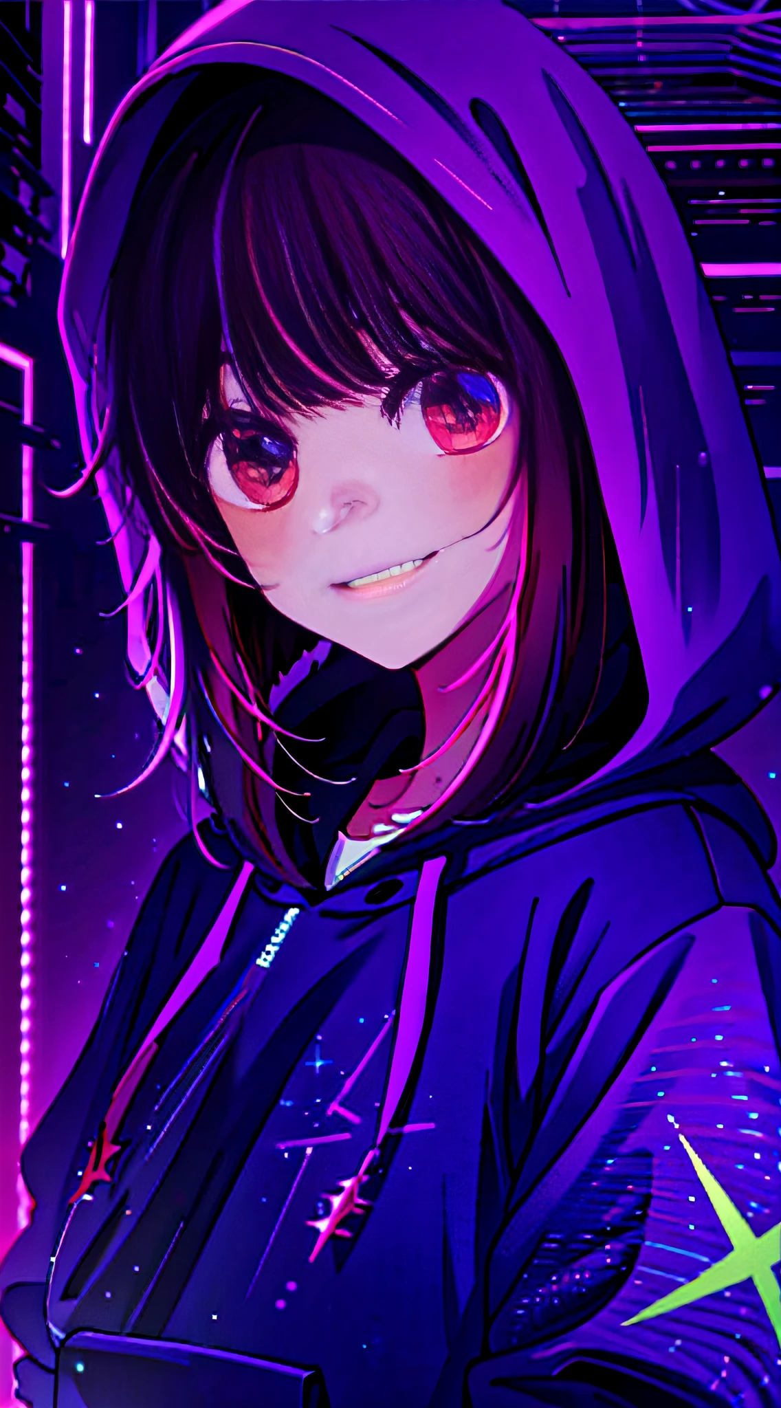detailed background, masterpiece, best quality, smile, ornament, hoodie, portrait, neon, graffiti, dark, night, glowing eyes, blacklight