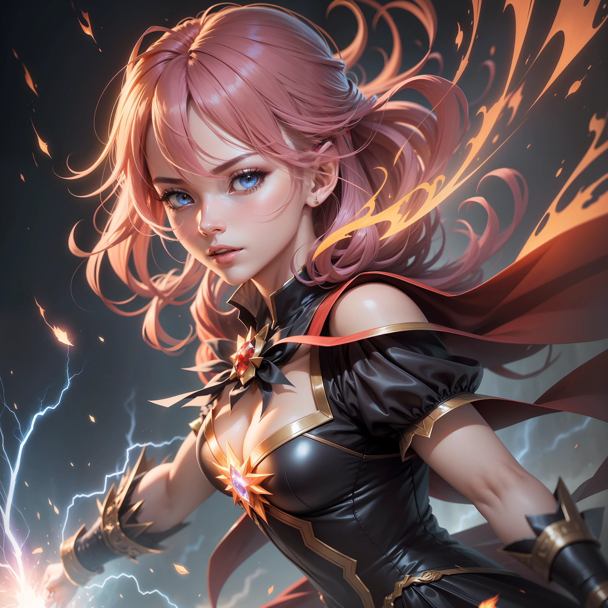 Generate a high-quality anime-style digital illustration depicting an elemental magician woman amid red flames and yellow rays. The scene should have golden tones, realistic depth of field, and soft cinematic lighting. Add a subtle flowering effect (flowering: 1.2) for an ethereal appearance in the flames and lightning. Use bright light (1.1) to emphasize the magical elements. Add a slight chromatic aberration (chromatic aberration: 1.2) at the points of greatest intensity to increase realism.
The magical woman should have distinctive anime features, striking facial details, expressive eyes, and an elaborate hair style. She should wear a costume that matches the elemental theme, using shades of red and yellow that harmonize with the flames and lightning around her. The details of the costume should be sharp and enhance its magical appearance.
The spatial background should be highly detailed, with bright stars and convey a sense of vastness. Apply soft, cinematic lighting, creating subtle shadows and highlight areas to add depth to the scene. Add a slight blur to reinforce the sense of depth of field and highlight the main character. Apply a slight backlight (backlighting: 1.2) from space to highlight the silhouette of the magician.
The generated image must have exceptional resolution and sharpness, with a high level of detail in all elements. Adjust the contrast to highlight the vibrant colors of fire and lightning. Make sure the lighting is meticulously rendered, creating precise shadows and reflections to achieve a hyper-realistic effect.
Use auto mode (auto) and size scale 2 (s2) to get a high-resolution image. Be aware that the result may vary depending on the model and platform you are using. You can now use this more detailed prompt to generate the highest quality digital illustration possible.