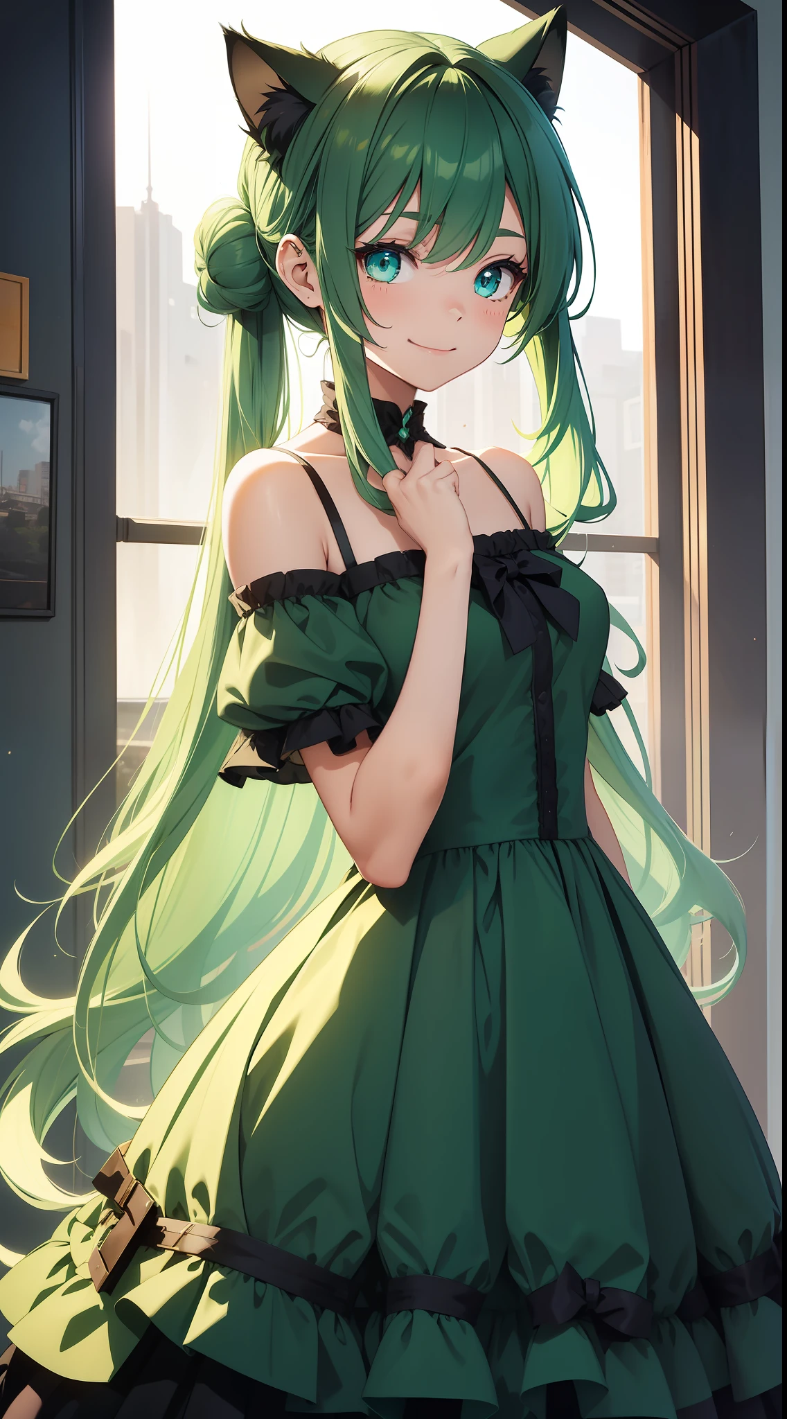 Young girl, long dark green hair, hair in a bun, cyan eyes, cat ears, smile, dress, open shoulders, semi-prominent elements on the dress, masterpiece, high quality