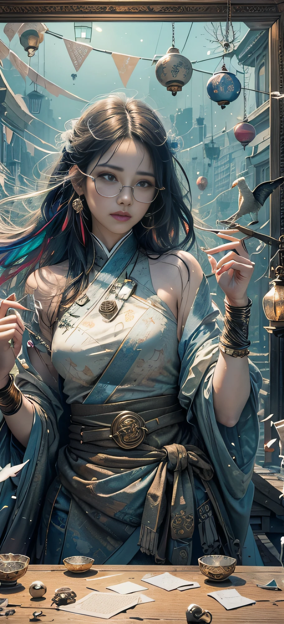 1 girl, 25 years old sexy, sexy glasses, bodybuilding coach figure, high cold, luxury accessories, peerless charming eyes, holding a magic ball, realistic face and imaginary background clothes perfectly combined, melting, (shabby lanterns, candles, cranes, dragons, cats, dogs, birds, works of art, broken porcelain pieces, broken and colorful fabrics fluttering in the sky, violent winds, colorful lights, lightning, randomly swinging hair, antique porcelain, random colorful pieces of paper and cloth petals on the ground) blended into it, entangled, wrapped, larger Hanfu, masterpieces, 8k, ultra-wide angle, long distance, best quality, official art, top level, best detail, realistic character face shape Korean fictional scene atmosphere sense ethereal dream perfect combination, break frame, red theme