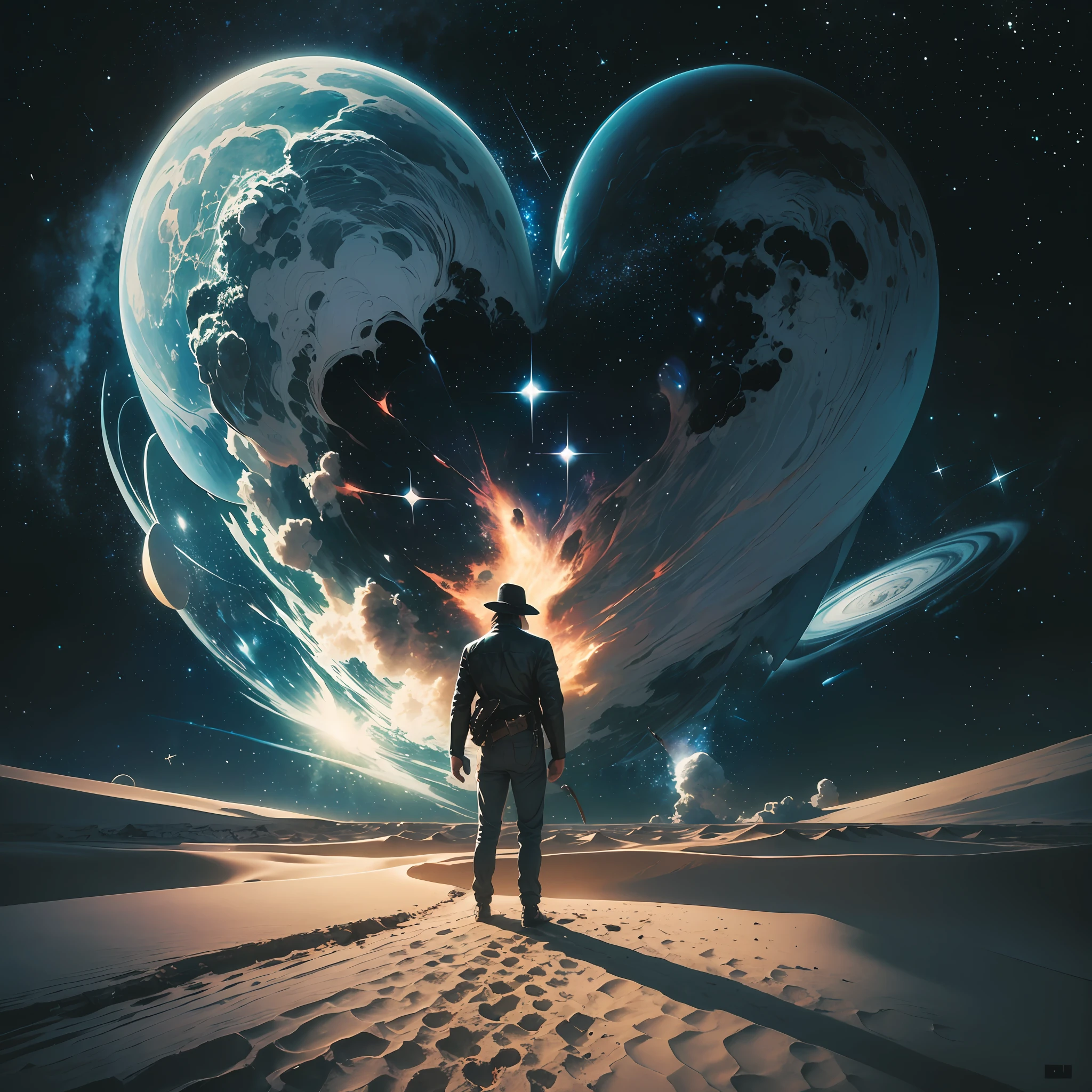 landscape photo, (view from bottom to top) A jim morrison-style man, standing in a desert looking up, (several galaxies in the sky), A huge broken heart on the horizon, noir style, art deco, soviet art --auto --s2