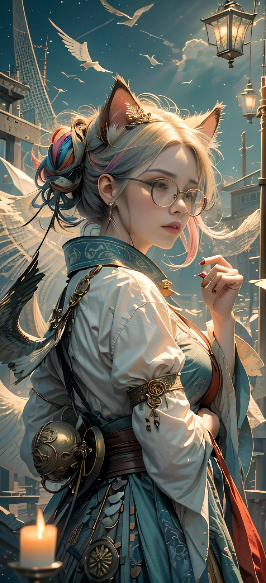 1 girl, 25 years old sexy, sexy glasses, bodybuilding coach figure, high cold, luxury accessories accessories, peerless charming eyes, realistic face and fictional background clothes perfectly combined, melted, (worn lanterns, candles, cranes, dragons, cats, dogs, birds, artwork, broken porcelain pieces, broken and colorful fabrics fluttering in the sky, fierce wind, colorful lights, lightning, randomly swinging hair, antique porcelain, random colorful pieces of paper and cloth petals on the ground) blended in, wrapped, wrapped, larger Hanfu, masterpiece, 8k, Ultra wide angle, long range, best quality, official art, top level, best detail, realistic character face shape Korean fictional scene atmosphere sense ethereal dreamy perfect combination, break frame, red theme