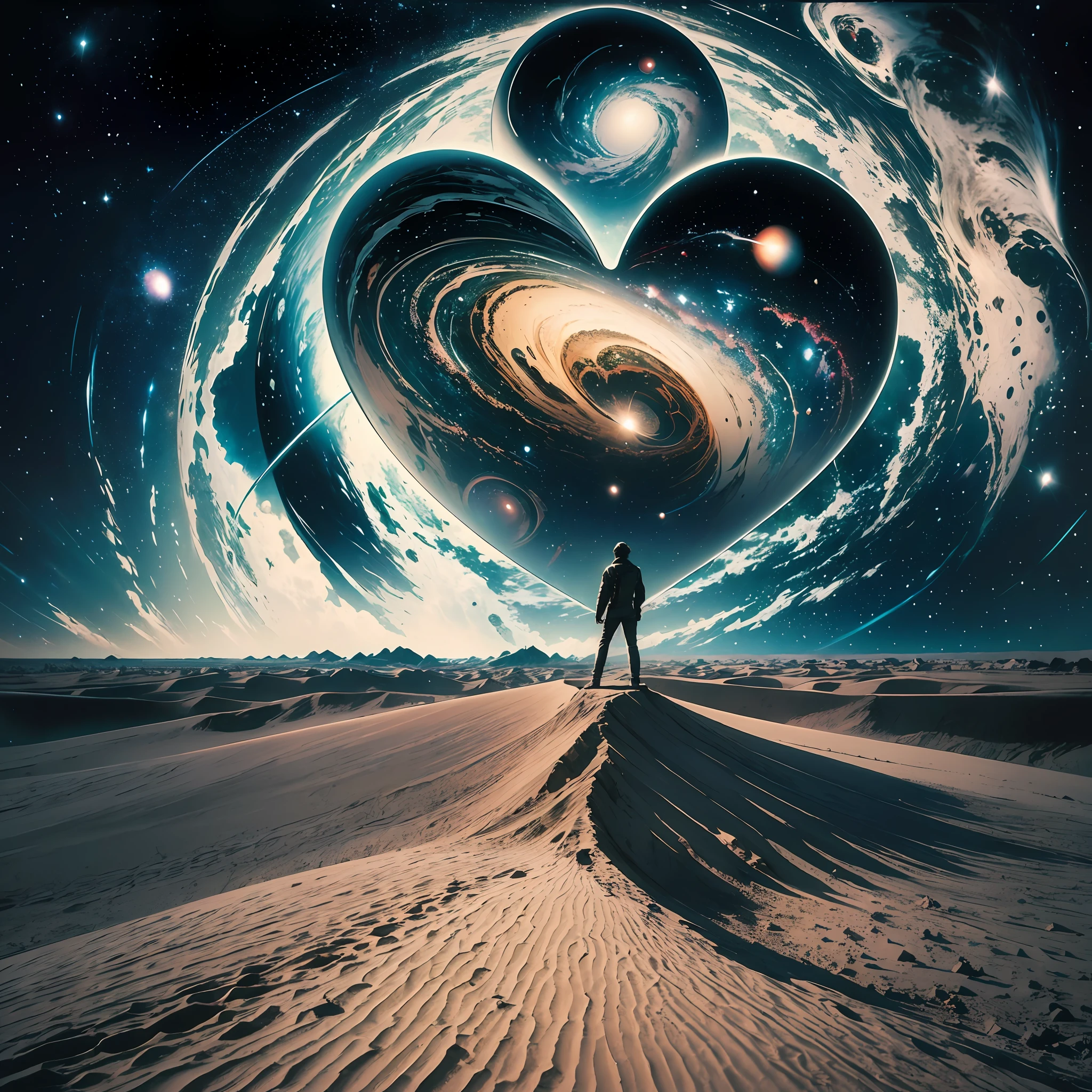 landscape photo, (view from bottom to top) A jim morrison-style man, standing in a desert looking up, (several galaxies in the sky), A huge broken heart on the horizon, noir style, art deco, soviet art --auto --s2
