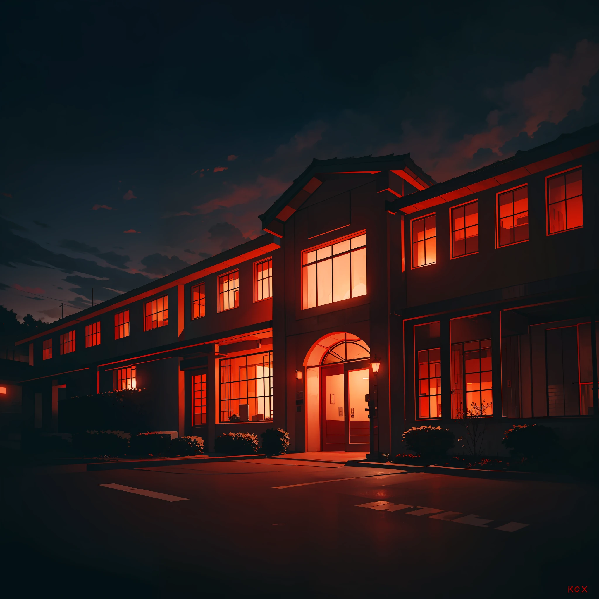 Gloomy school, dark night, outside, school entrance, school building, red lighting