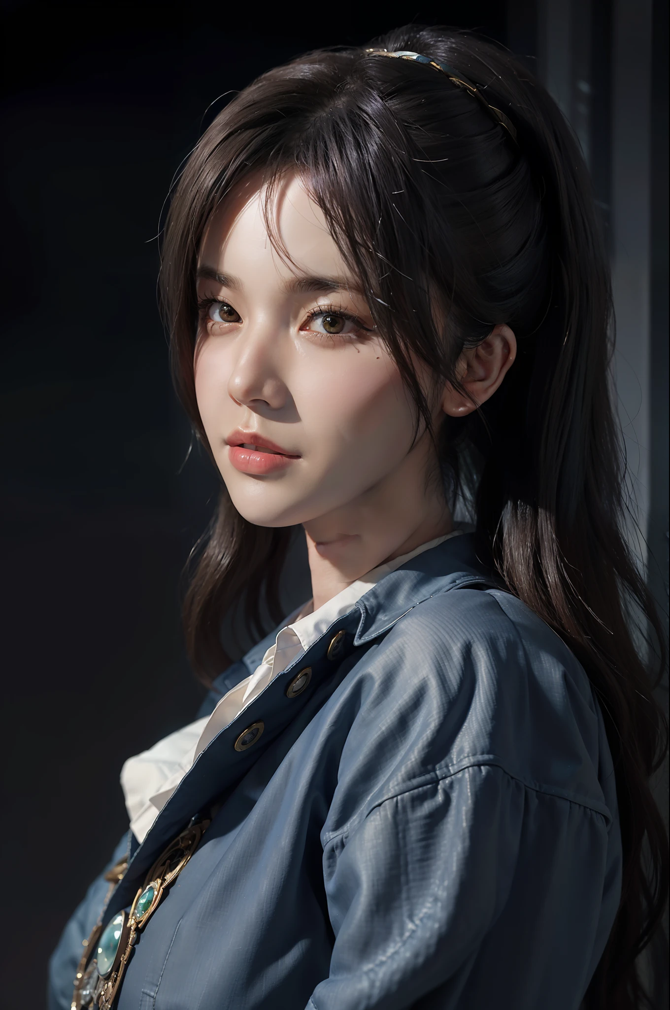 Surrealist female portraits by Alphonse Mucha, fantasy art, photorealism, dynamic lighting, artstation, poster, volumetric lighting, busts, very detailed faces, very detailed hands, 4 k, award-winning, 1girl, in the dark, deep shadows, understated, denim photos, (formal wear: 1.4), long hair, gray hair,