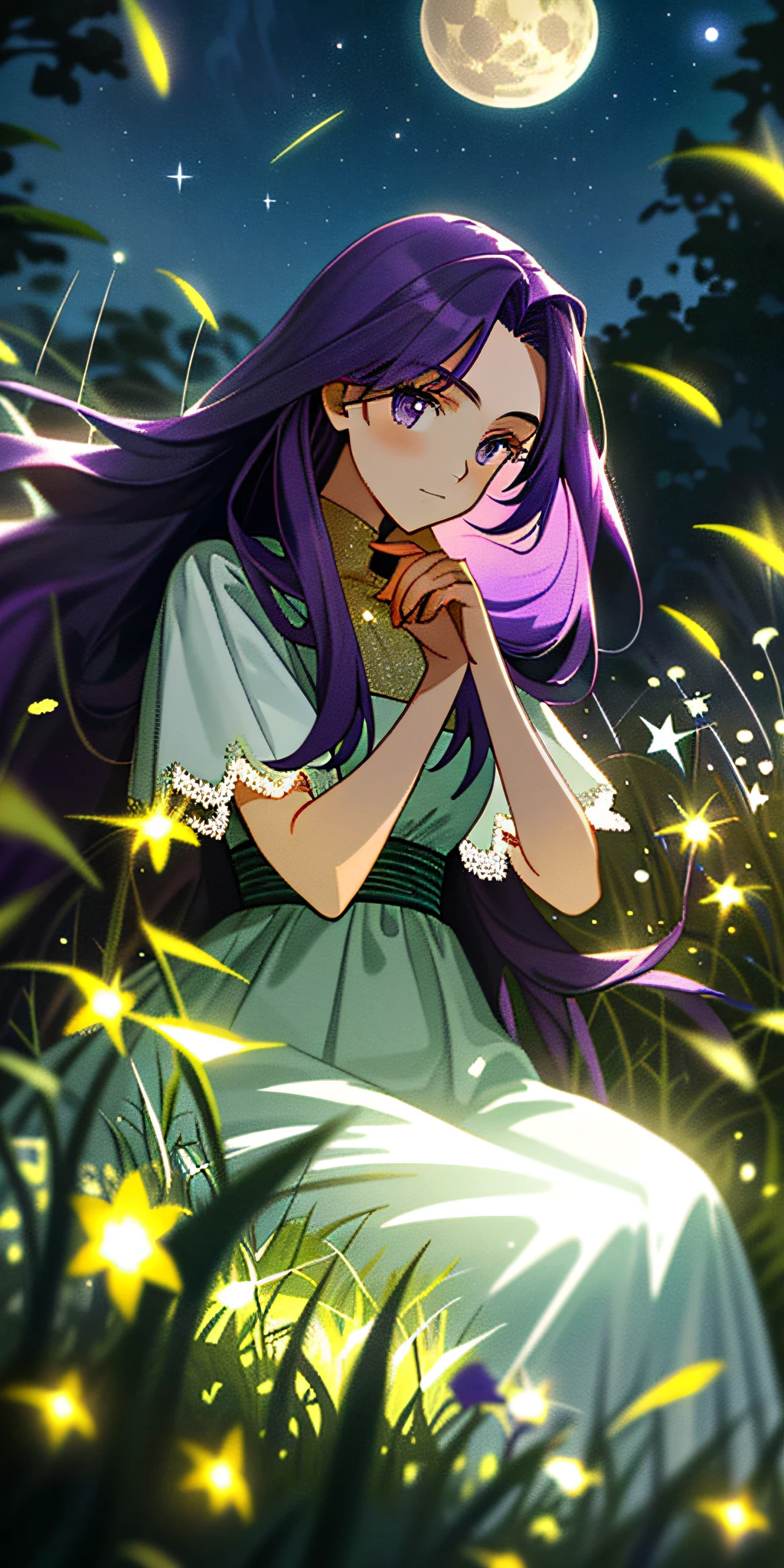 (masterpiece, best quality),1girl with long purple hair sitting in a field of green plants and flowers, hand under chin, cold lighting, night, , fireflies, stars, bright moon, white dress, blurred foreground