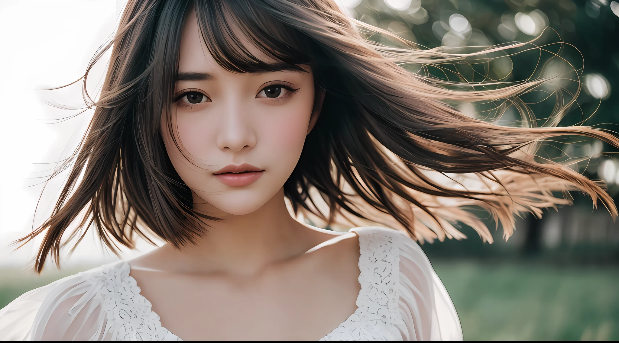 Stunning close-up portrait of a young and beautiful woman with RAW, analog style and impressive features. She should have long, flowing hair, a seductive gaze, and an attractive look. The background is neutral and simple, allowing the woman to be the focal point of the image. Pay attention to details, such as highlights and shadows on her face and hair, to create realistic and realistic images. Experiment with different lighting techniques to enhance the mood and atmosphere of your portrait. The final product should be a masterpiece that captures the essence and beauty of women ((highly detailed skin, skin details)), Sharp Focus, Volumetric Fog, 8K, UHD, DSLR, High Quality, Film Grain, Fujifilm XT3, Hemp Dress, Lace Dress, Short Hair, Tousled Hair, Little Smile, Wind, Standing on a Plateau Prairie, Standing Figure, dress swaying in the wind, hair swaying in the wind, clear sky, shining sky, summer, white clouds, flowing wind, dazzling light, green meadow, fresh, grove, forest