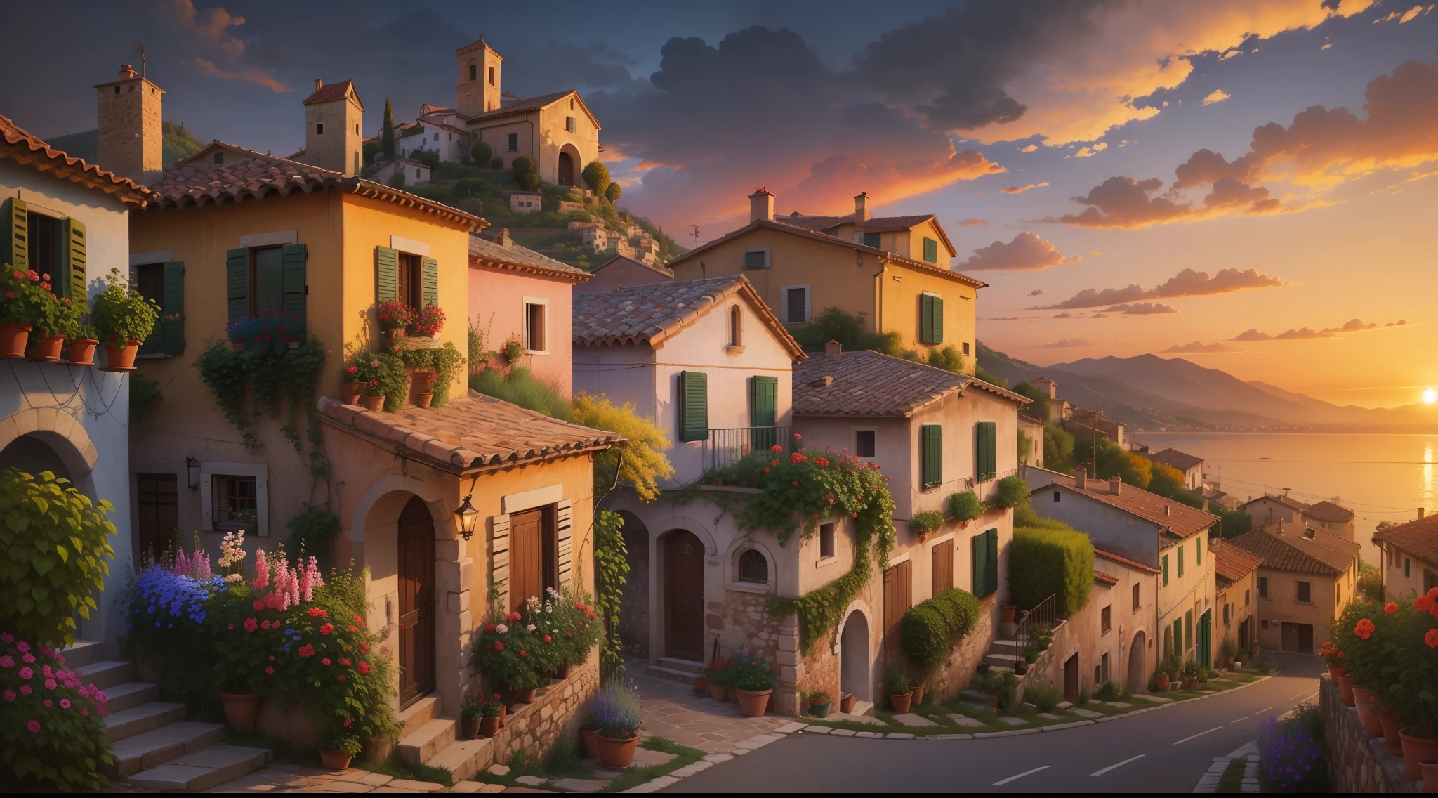 An old Italian village, with colorful houses, . In the background, a distant landscape with sunset, oil painting in the style of Sung Kim