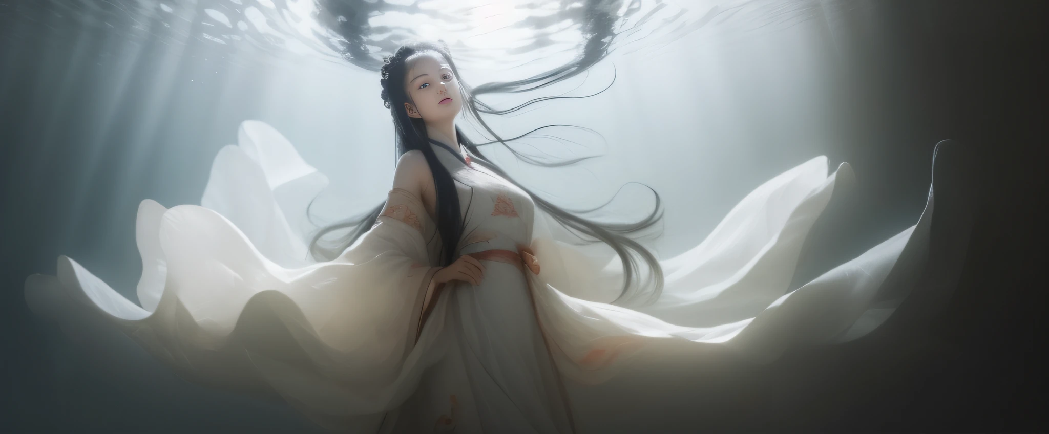 Aquarium world, background is an underwater reef, (((lots of red fish))), seaweed, bubbles, a beam of light, spotlights, ((frontal image, full body framing, looking up, perfect composition)), (a girl, ((looks like Liu Yifei)), Xiaolongnu shape, surrounded by fish, royal sister, wearing a white robe, Hanfu, Chinese style, (posture holding knees, curling abdomen, falling, face close to knees, bare feet, tiptoes off the ground, fine sand on the seabed,) (a thick black long hair, Dark clouds spread upwards, levitating, hair flying upwards))), and the water surface backlit to form a large whirlpool, tall, master works, the best picture quality, exquisite facial features, more details, 8K resolution, unity rendering, cold tones, backlight, illustration, glow, blue eyes clear, lips slightly open, clear expressions, aesthetic romance, beautiful artistic conception,