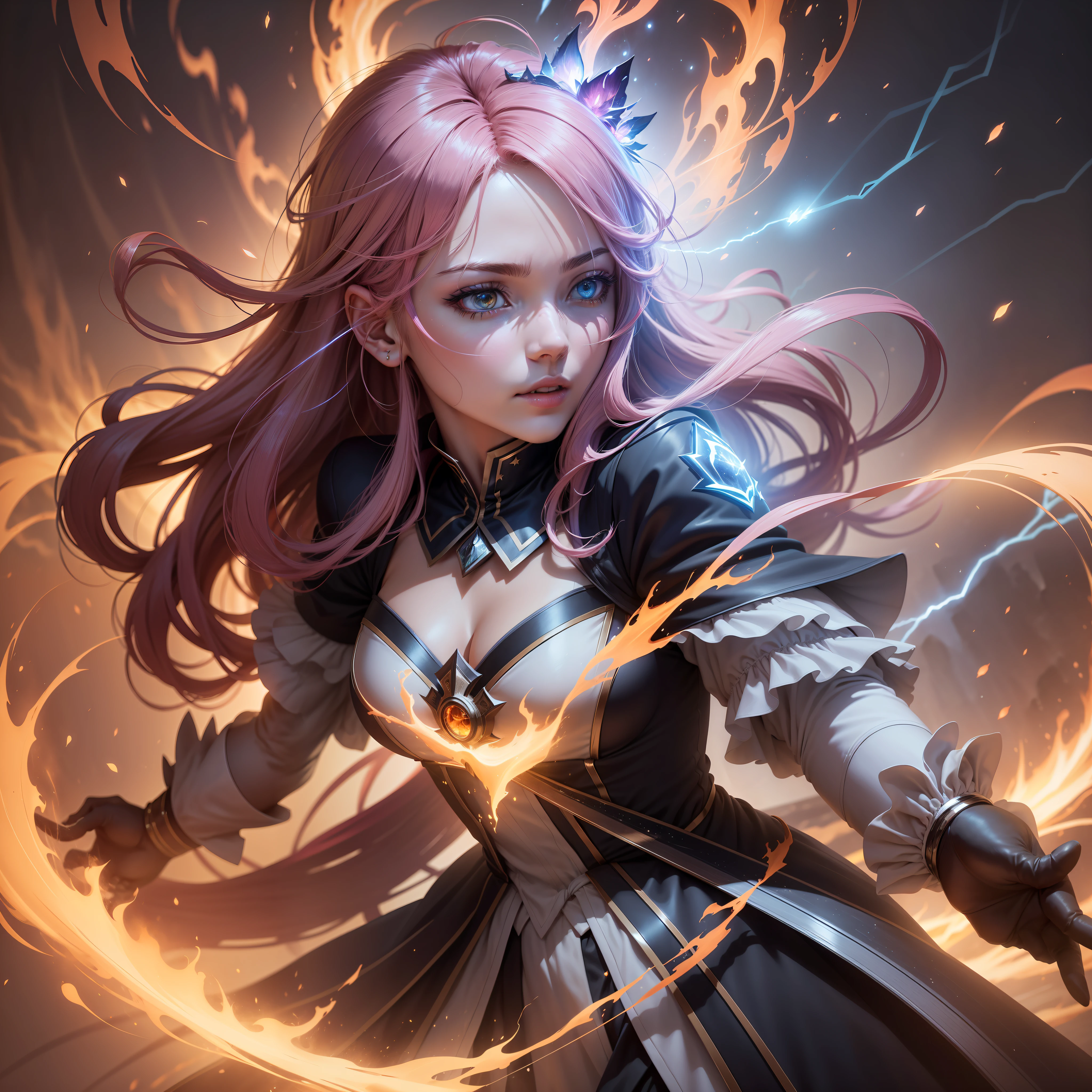Generate a high-quality anime-style digital illustration depicting an elemental magician woman amid red flames and yellow rays. The scene should have golden tones, realistic depth of field, and soft cinematic lighting. Add a subtle flowering effect (flowering: 1.2) for an ethereal appearance in the flames and lightning. Use bright light (1.1) to emphasize the magical elements. Add a slight chromatic aberration (chromatic aberration: 1.2) at the points of greatest intensity to increase realism.
The magical woman should have distinctive anime features, striking facial details, expressive eyes, and an elaborate hair style. She should wear a costume that matches the elemental theme, using shades of red and yellow that harmonize with the flames and lightning around her. The details of the costume should be sharp and enhance its magical appearance.
The spatial background should be highly detailed, with bright stars and convey a sense of vastness. Apply soft, cinematic lighting, creating subtle shadows and highlight areas to add depth to the scene. Add a slight blur to reinforce the sense of depth of field and highlight the main character. Apply a slight backlight (backlighting: 1.2) from space to highlight the silhouette of the magician.
The generated image must have exceptional resolution and sharpness, with a high level of detail in all elements. Adjust the contrast to highlight the vibrant colors of fire and lightning. Make sure the lighting is meticulously rendered, creating precise shadows and reflections to achieve a hyper-realistic effect.
Use auto mode (auto) and size scale 2 (s2) to get a high-resolution image. Be aware that the result may vary depending on the model and platform you are using. You can now use this more detailed prompt to generate the highest quality digital illustration possible.