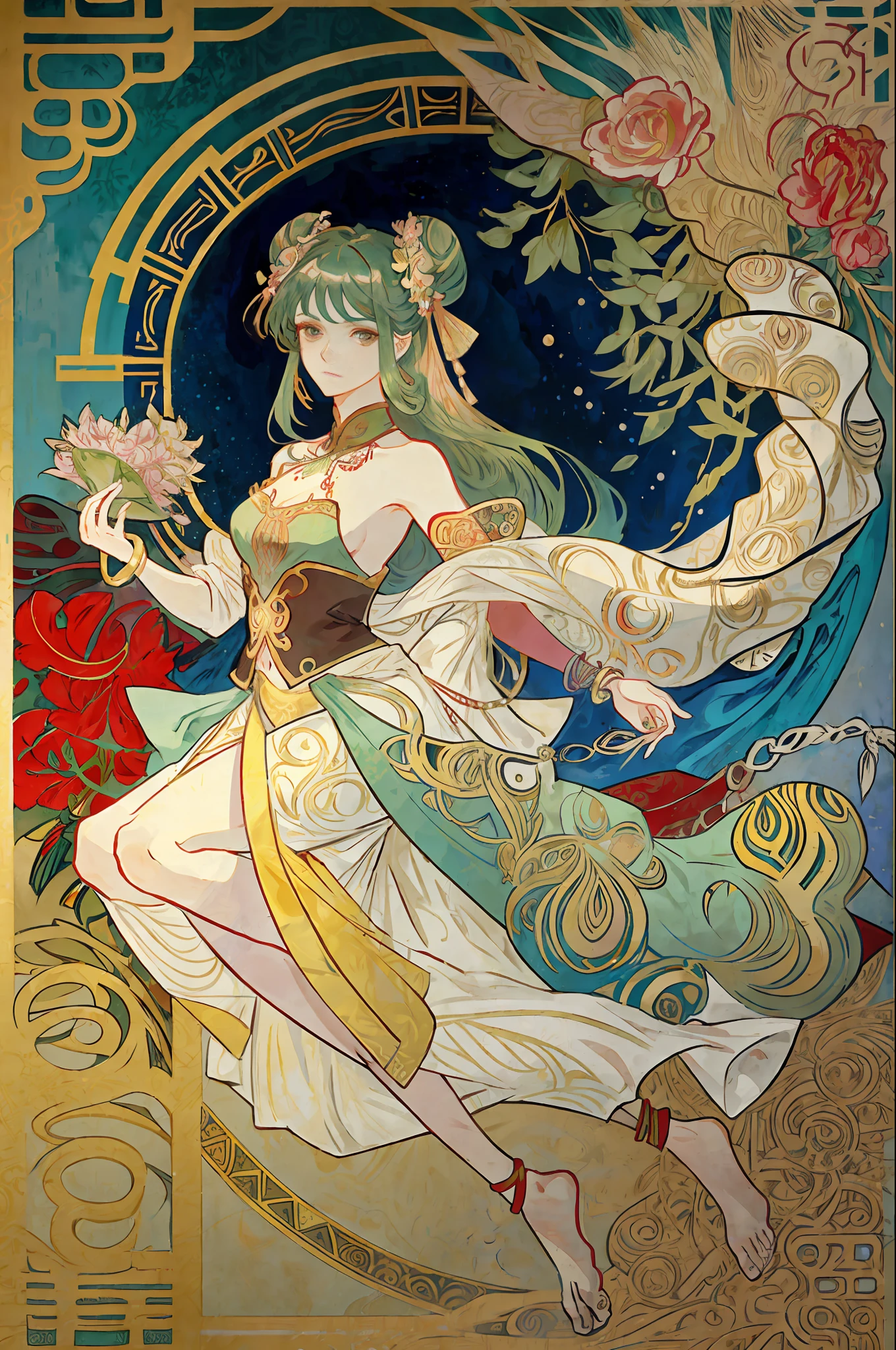 (Alphonse Mucha: 1.4), facial portrait of a European beauty, dance, long hair, red and green gradient hair flower decoration, (no clothes: 2), (details +Intricate details: 1.2), 4K, abstract art, body is proportional, line art, side face, color, Fibonacci, an ancient Chinese beauty, gorgeous costume embroidered with intricate embroidery, transparent colored streamers tied on arms, flowing, navel, bare shoulders, bare neck coiled hair bun, flower hairpin, arm ring tied with streamer, bracelet, anklet, metal chain tassel tied around the waist, Mogao cave art, Dunhuang flying sky mural inspiration, ink, cgstation popular --v 6