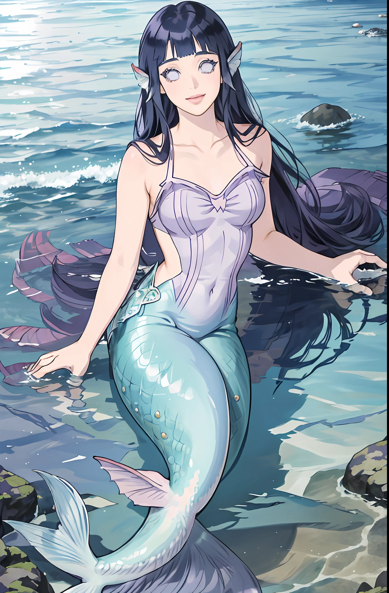 masterpiece, hinata\(boruto\), solo, 1girl,medium breasts, smile, (((long hair))),mermaid, rocks, anemon, water, water effect, hair flowing, inside the sea, fishes, blink blink effect, (((detailed lips))), cowboy shoot, (((purple mermaid tail))), dark blue hair