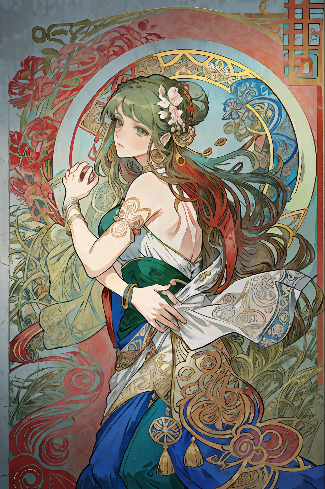 (Alphonse Mucha: 1.4), facial portrait of a European beauty, dance, long hair, red and green gradient hair flower decoration, (no clothes: 2), (details +Intricate details: 1.2), 4K, abstract art, body is proportional, line art, side face, color, Fibonacci, an ancient Chinese beauty, gorgeous costume embroidered with intricate embroidery, transparent colored streamers tied on arms, flowing, navel, bare shoulders, bare neck coiled hair bun, flower hairpin, arm ring tied with streamer, bracelet, anklet, metal chain tassel tied around the waist, Mogao cave art, Dunhuang flying sky mural inspiration, ink, cgstation popular --v 6