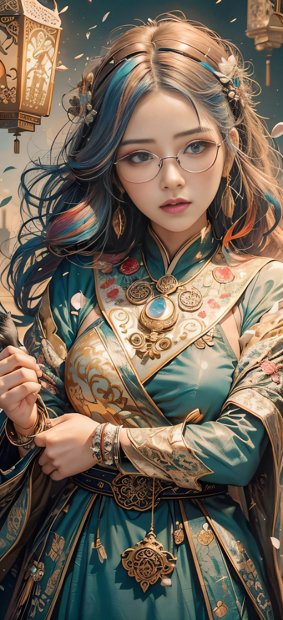 1 girl, 25 years old sexy, sexy glasses, bodybuilding coach figure, master, high cold, luxury accessories accessories, peerless eyes, realistic face and imaginary background clothes perfectly combined, (shabby lanterns, candles, cranes, dragons, cats, dogs, birds, artwork, broken porcelain pieces, broken and colorful cloth fluttering in the sky, colorful light, randomly swinging hair, antique porcelain, random colorful pieces of paper and cloth petals on the ground) blended in, entangled, larger Hanfu, masterpiece, 8k, best quality, official art, Realistic character face shape Korean fictional scene atmosphere sense ethereal dream perfect combination, broken frame, red theme