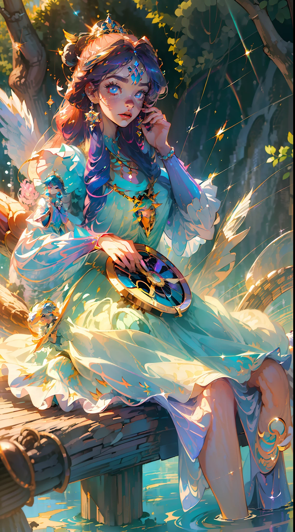 1girl, ((cinematic light)), colorful, hyper detail, dramatic light, intricate details, best quality, (extremely detailed CG unity 8k wallpaper, masterpiece, best quality, ultra-detailed, best shadow), (detailed background:1.4), (beautiful detailed face, beautiful detailed eyes), High contrast, (best illumination, an extremely delicate and beautiful),(girl:1.5), cowboy shot, masterpiece, (((best quality))) (((PERFECT QUALITY))), (((highly detail eyes))), (((highly detail))), (((((perfect eyes))))), (((((((beautiful eyes))))))), both eyes are the same, smooth, (((((perfect face))))), ((((extremely detailed 8K)))), high resolution, ultra quality, glare, Iridescent, Global illumination, real hair movement, realistic light, realistic shadow, perfect quality, detailed shadow and light, pixar, ((FANTASY)), ((MAGIC)), 3D, ((HIPER quality)), (((2K, 3K, 5K, 6K, 7K, 8K,))), ((detailed, good quality))

(((cute and delicate girl SITTING ON THE BRIDGE)))), ((light orange hair))), ((long hair)), ((kawaii)), ((((cute eyes)))) , ((kawaii eyes))

((((Princess)))), (((Princess crown))), 

((((Long  detailed glitter RAINBOW COLORFULL feather crystal princess dress)))), ((((((LONG BIG RAINBOW COLORFULL chic princess dress))))))

((shiny crystal shoes)), ((gold accessories, gold earrings, flower accessories, pearl accessories)),((happy expression)),

((SHINES, SPARKLES)), GOLD, ((sparkles)), ((shiny butterflies flying)), (feathers)

LAKE, BRIDGE, (((((CLOCK))))), MIRROR WATER, (((((FLOWERS IN THE LAKE))))), FOUNTAIN, (((LIGHTS SHINING IN THE LAKE))), BUSHES, NATURE
(((WOOD, BLUE CRYSTALS ON WOOD, PEARLS ON WOOD))), (((blue crystals))), ((((MAGIC LIBRARY)))), (((FOREST)))
 (((((magical ancient place)))))