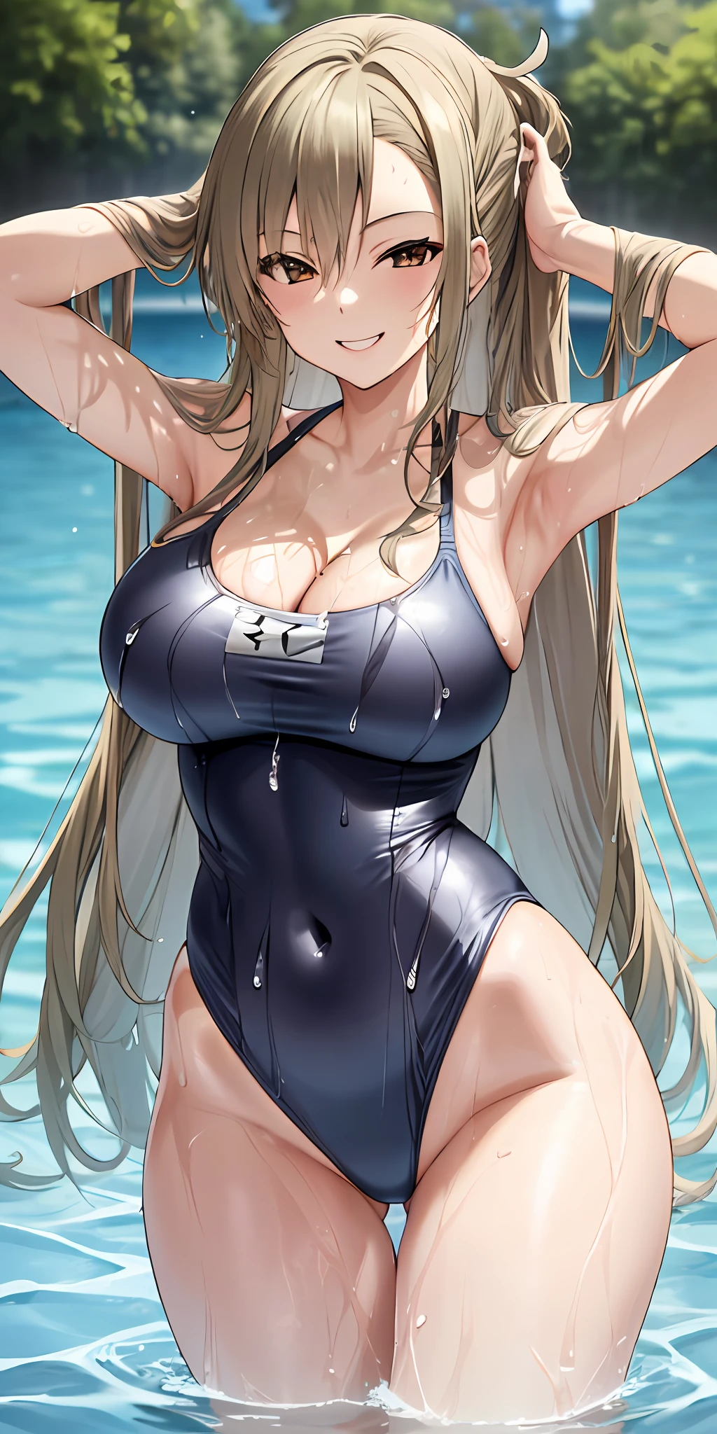 1girl, solo, asuna, long hair, large breasts, cleavage, thighs, (one piece swimsuit), erotic pose, smiling, detailed hands, swimming pool, (soaking wet:1.2)