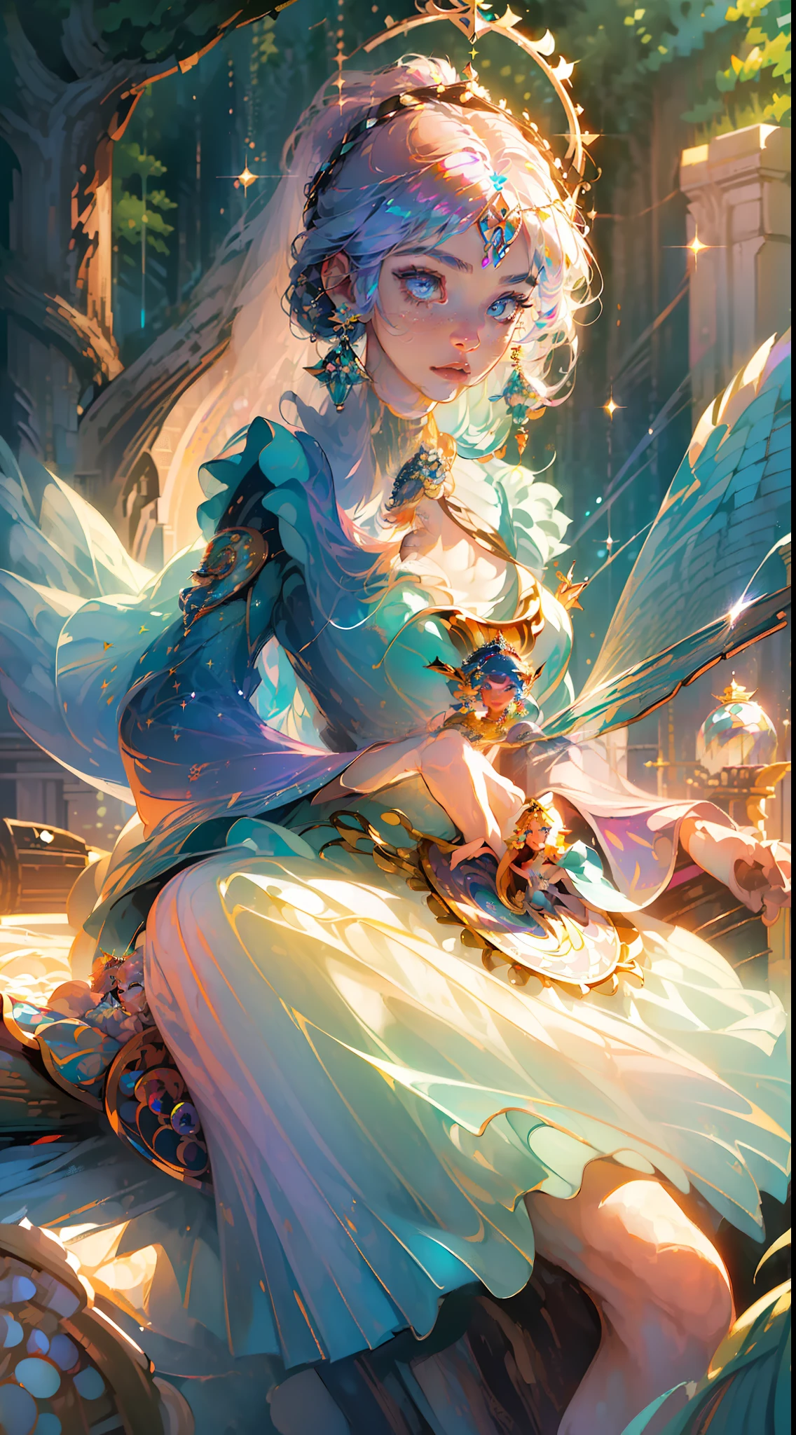1girl, ((cinematic light)), colorful, hyper detail, dramatic light, intricate details, best quality, (extremely detailed CG unity 8k wallpaper, masterpiece, best quality, ultra-detailed, best shadow), (detailed background:1.4), (beautiful detailed face, beautiful detailed eyes), High contrast, (best illumination, an extremely delicate and beautiful),(girl:1.5), cowboy shot, masterpiece, (((best quality))) (((PERFECT QUALITY))), (((highly detail eyes))), (((highly detail))), (((((perfect eyes))))), (((((((beautiful eyes))))))), both eyes are the same, smooth, (((((perfect face))))), ((((extremely detailed 8K)))), high resolution, ultra quality, glare, Iridescent, Global illumination, real hair movement, realistic light, realistic shadow, perfect quality, detailed shadow and light, pixar, ((FANTASY)), ((MAGIC)), 3D, ((HIPER quality)), (((2K, 3K, 5K, 6K, 7K, 8K,))), ((detailed, good quality))
(((cute and delicate girl SITTING ON THE BRIDGE)))), ((light orange hair))), ((long hair)), ((kawaii)), ((((cute eyes)))) , ((kawaii eyes))
((((Princess)))), (((Princess crown))),
((((Long detailed glitter RAINBOW COLORFULL feather crystal princess dress)))), ((((((LONG BIG RAINBOW COLORFULL chic princess dress))))))
((shiny crystal shoes)), ((gold accessories, gold earrings, flower accessories, pearl accessories)),((happy expression)),
((SHINES, SPARKLES)), GOLD, ((sparkles)), ((shiny butterflies flying)), (feathers)
LAKE, BRIDGE, (((((CLOCK))))), MIRROR WATER, (((((FLOWERS IN THE LAKE))))), FOUNTAIN, (((LIGHTS SHINING IN THE LAKE))), BUSHES, NATURE
(((WOOD, BLUE CRYSTALS ON WOOD, PEARLS ON WOOD))), (((blue crystals))), ((((MAGIC LIBRARY)))), (((FOREST)))
(((((magical ancient place)))))