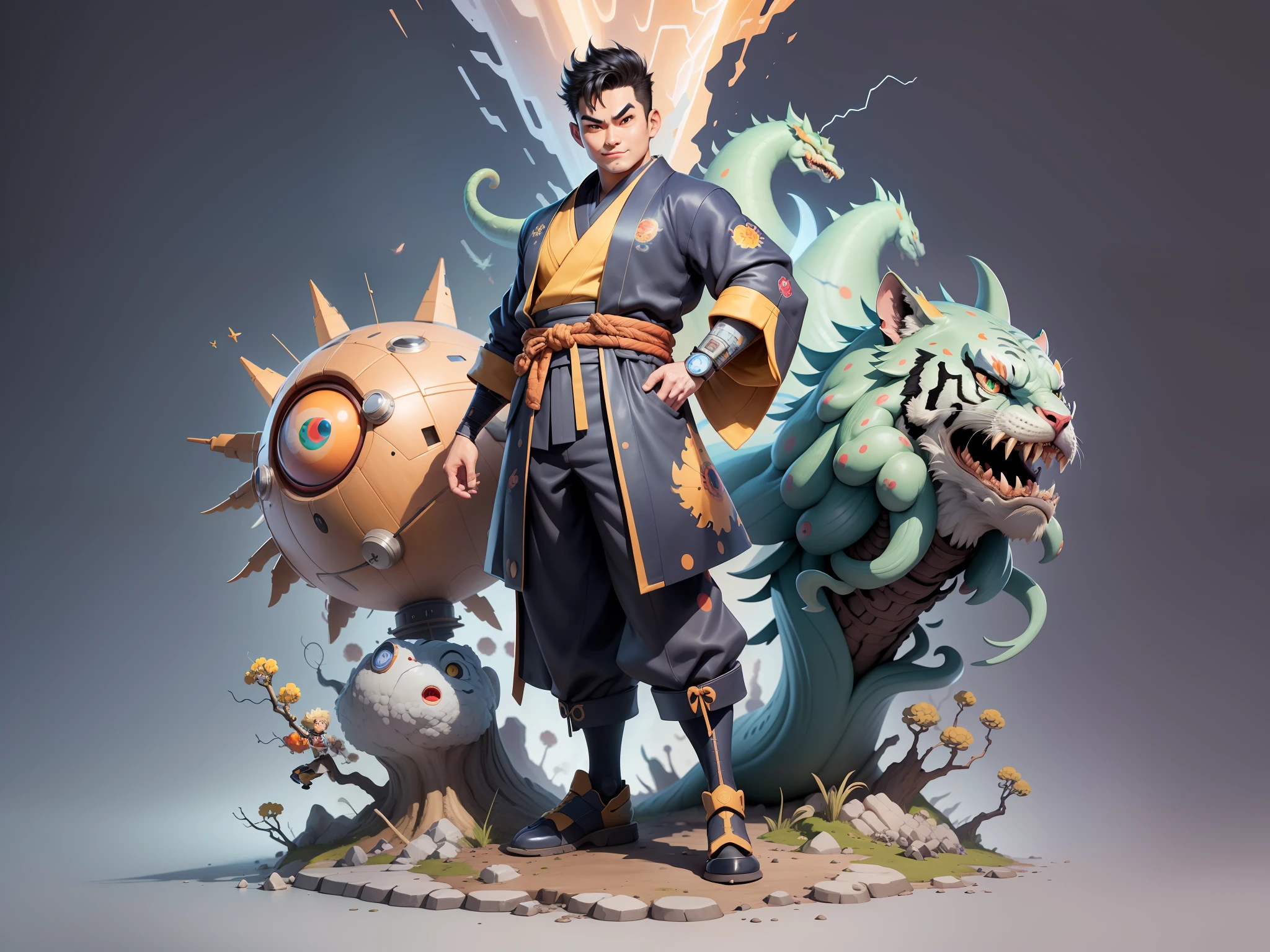 (Masterpiece), (Excellent), (Super Meticulous), (Full Body: 1.2), Super Young Man, Oriental Face, Japanese Kimono, Japanese Wind Thunder God, Dragon, Tiger, TV Anchor, Bust Portrait Illustration, Alone, Black Suit, Blue Tie, Slightly Chubby Face, Very Clean Face, No Beard, Black Super Short Hair, Black Eyes, Confident Smile, 3c Computer Sub-Products, iPad, iPhone, Digital Painting, 3D Character Design by Akira Toriyama and Mark Claireden and Pixar and Hayao Miyazaki, The illustration is a high-definition illustration in 4K resolution with very detailed facial features and cartoon-style visuals.