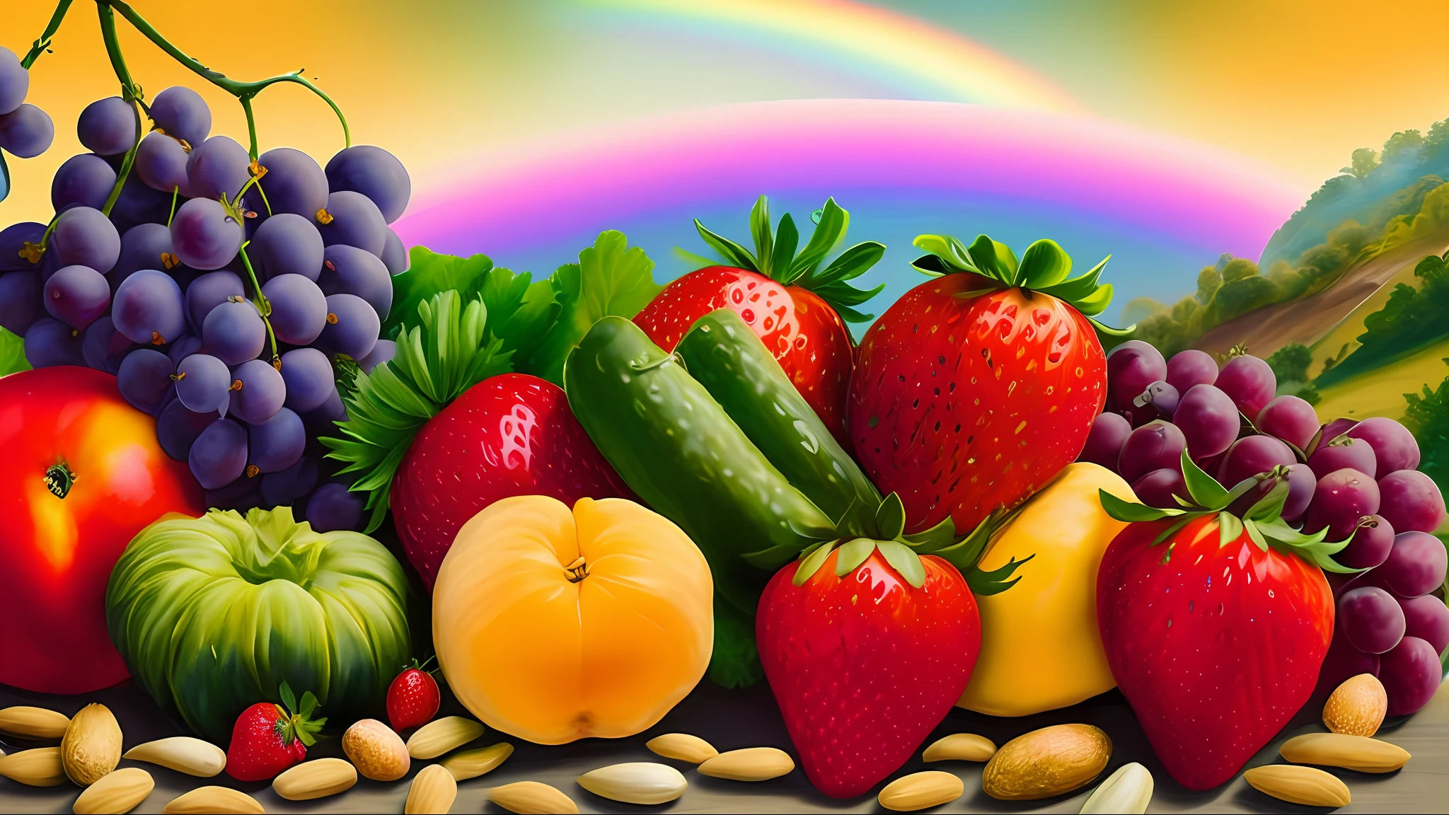 Painting of various vegetables on the mountain, rainbow, grape red beauty, strawberries, peanuts, peaches in the background