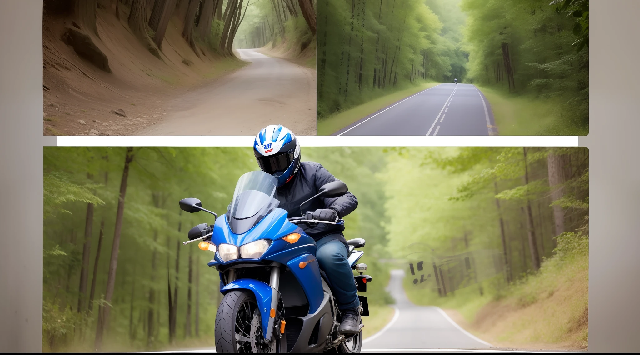 [Illustration storyboard] comic page, there are multiple images on one page: a Chinese man riding a motorcycle, driving on a road in the mountains and forests (back, third view), (GoPro, f/2.8, motion blur, diffuse backlight). [Multi-angle continuous shooting] in Nicolas Bouvier's style, cobalt blue and reflective silver, motion picture film P30, split composition