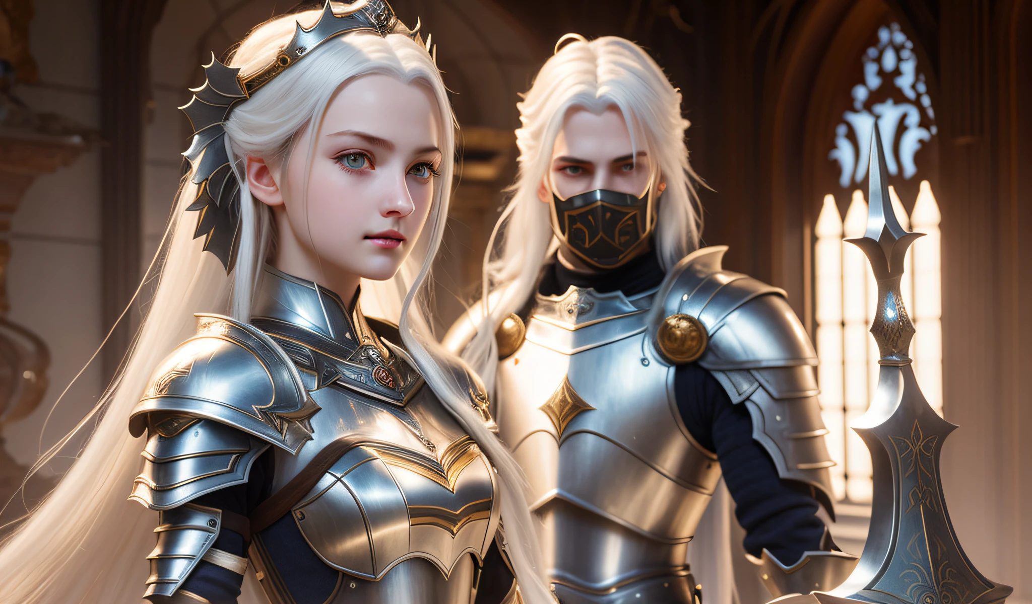masterpiece, high detail, 1girl, ultra-detailed,((delicate face)), beautiful detailed eyes, gradient hair, hair between the eyes, GSHead,1girl,solo, white hair, long hair, red eyes, genshin_impact, fully engraved background, looking at viewer, flat face,((aggressive face)),((ahoge)), armored, knight, doff white armor, holding a dark european sword, Flat expression, relaxed face, slightly smiling lips, gloomy armor, The sunlight illuminates the room, ((good lighting)), king pose, the angle view is quite far away, gloomy facial expression, standing upright, looking at the spectator, milk white armor with black sculptures, dignified, standing on the red carpet
