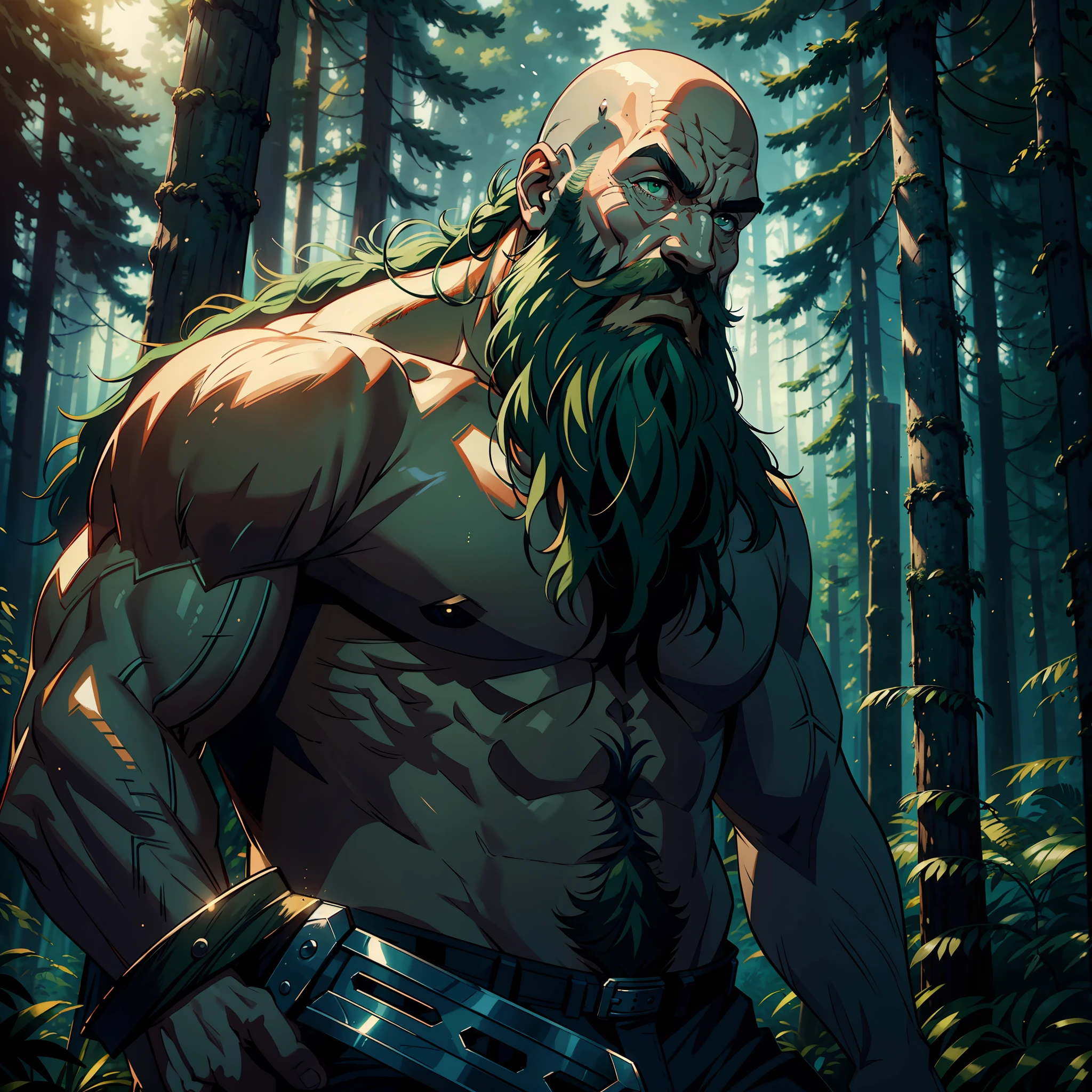 ((realistic: 1.5)),((best quality)), ((masterpiece)),((detailed)), giant, bearded, green beard, bald, larger than trees, holding an axe, warrior's clothing, forest, night