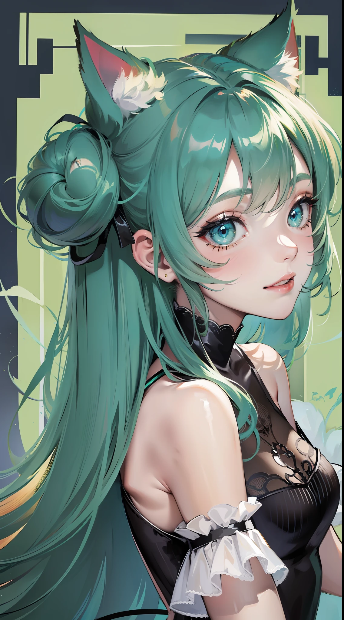 Adult girl, long dark green hair, bun hair, cyan eyes, cat ears, smile, dress, open shoulders, semi-prominent elements on the dress, masterpiece, high quality