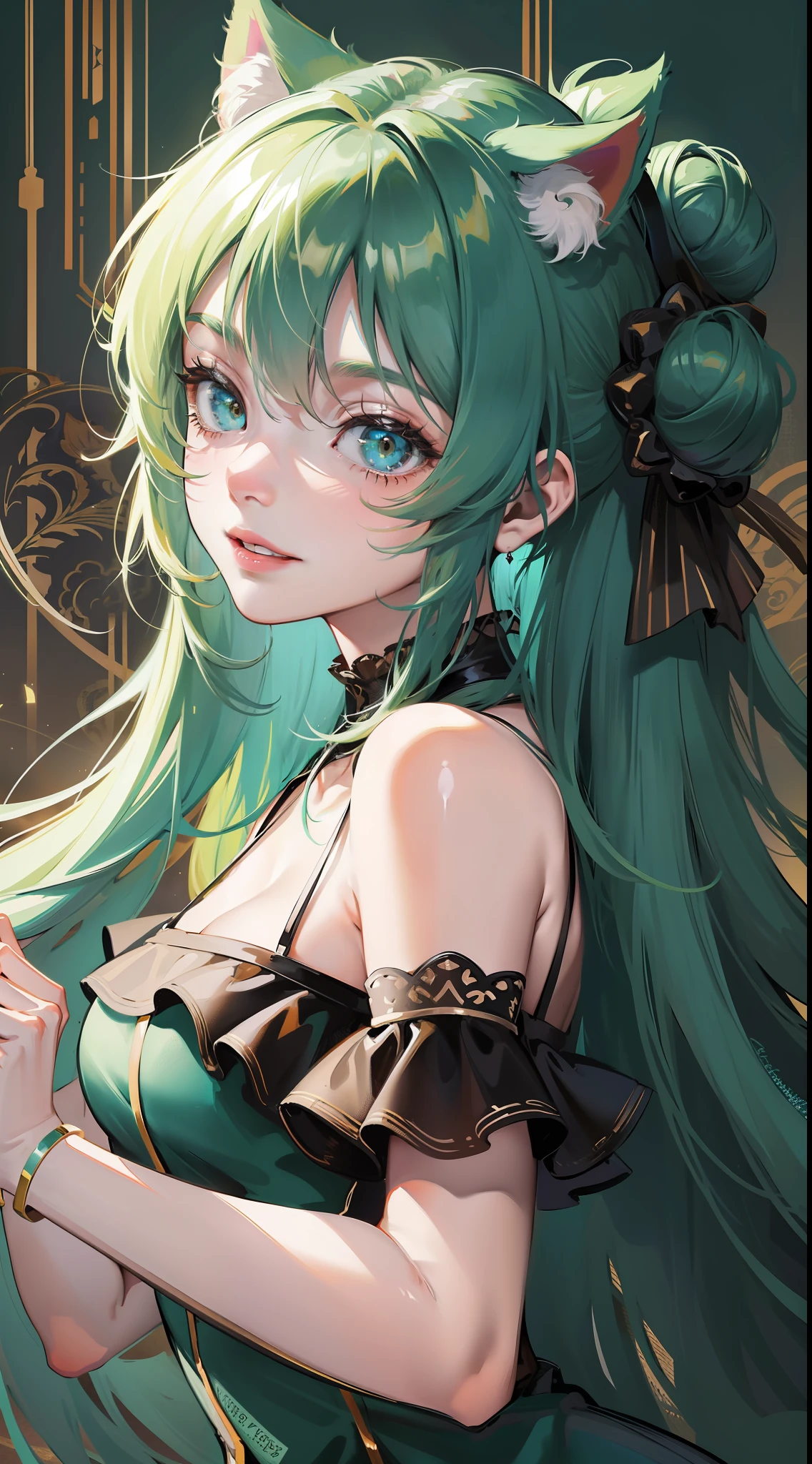 Adult girl, long dark green hair, bun hair, cyan eyes, cat ears, smile, dress, open shoulders, semi-prominent elements on the dress, masterpiece, high quality