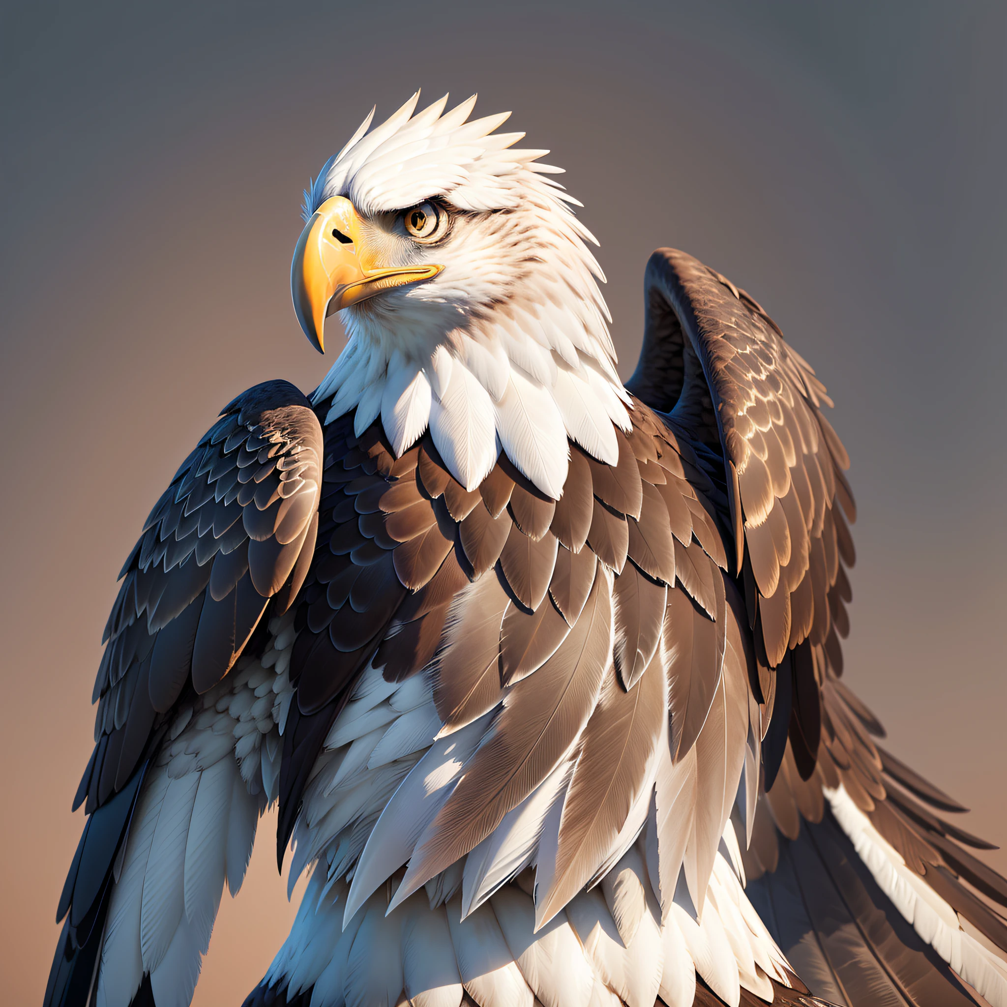 Capture the majesty of a hyper-realistic portrait of a Bald Eagle in stunning high definition. This portrait should showcase the intricate details of the eagle's feathers, highlighting its fierce gaze and powerful beak. The image should be rendered in 8K resolution to ensure exceptional clarity and lifelike quality. Pay careful attention to lighting, emphasizing the eagle's regal presence. Use a high-quality camera setup with a telephoto lens, such as a Canon EOS R5 paired with a 600mm f/4 lens, to capture every minute feature of this magnificent bird. --auto --s2