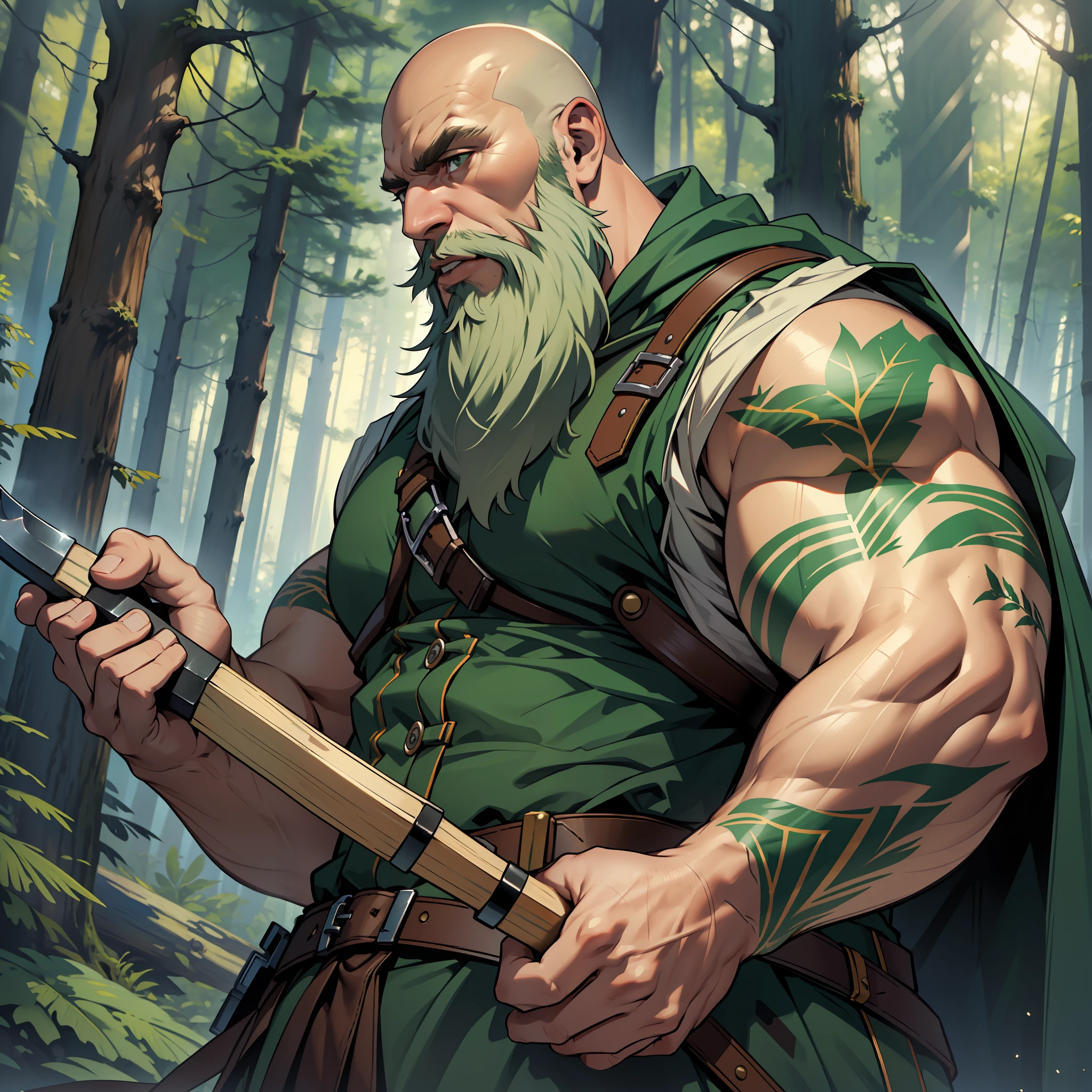 ((realistic: 1.5)),((best quality)), ((masterpiece)),((detailed)), giant, bearded, green beard, bald, larger than trees, holding an axe, warrior's clothing, forest, night