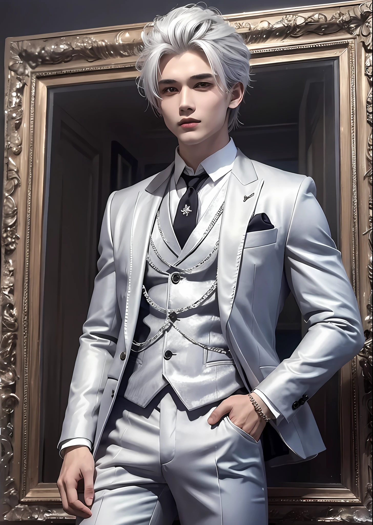 1 boy, silver-haired, white suit, 20s.