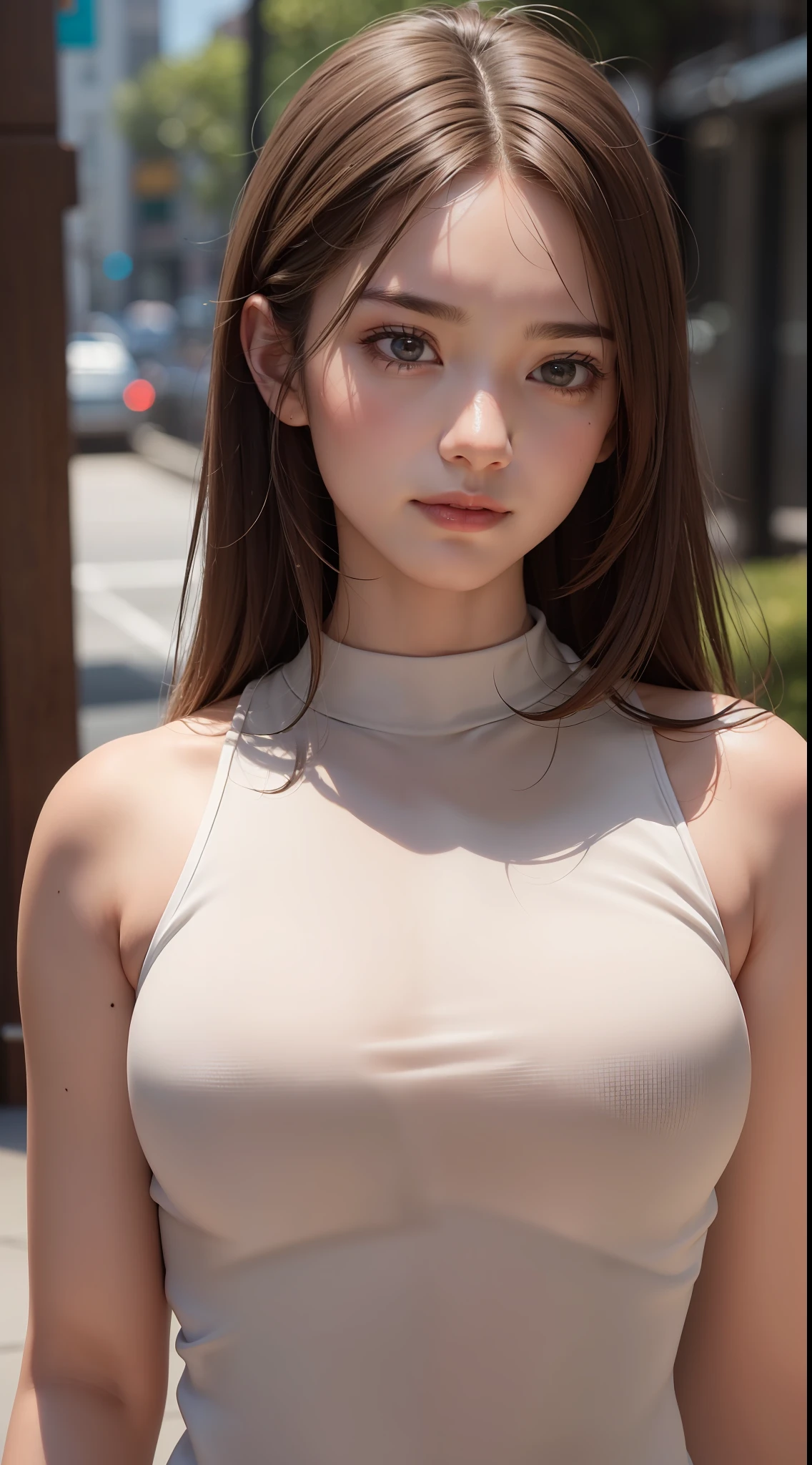 upper body, masterpiece, best quality, raw photo, photorealistic, big, face light, shiny skin, high resolution, super detail, detail, detailed eyes and face, sharp pupils, realistic pupils, sharp focus, shiny skin, cute smile, brown hair, sporty clothes, medium hair