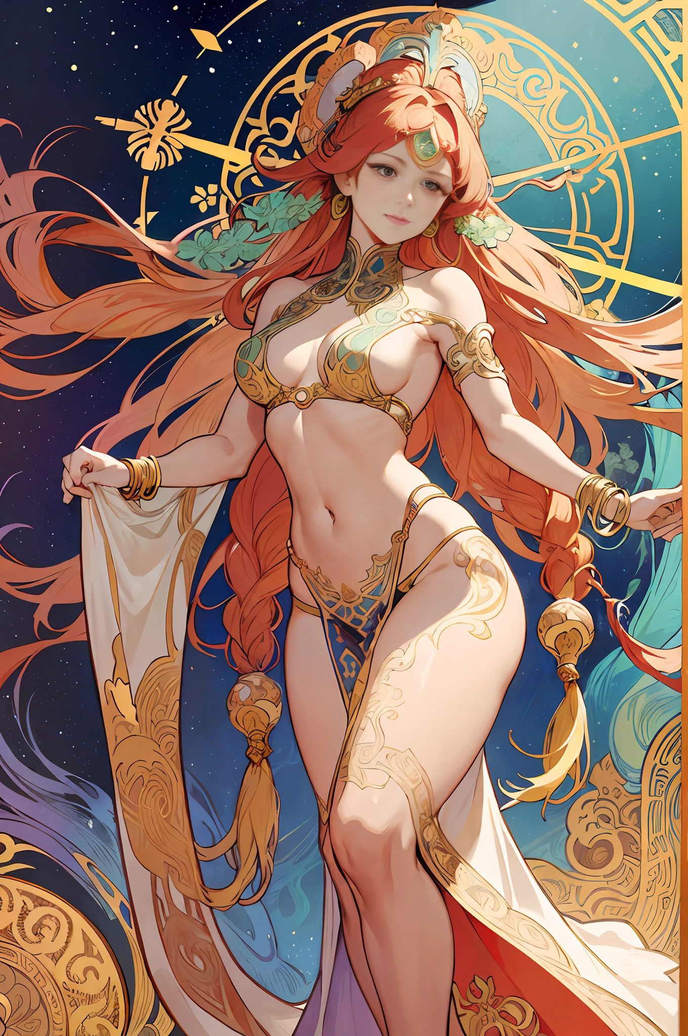 (Alphonse Mucha: 1.4), facial portrait of a European beauty, dance, long hair, red and green gradient hair flower decoration, (no clothes: 2), (details +Intricate details: 1.2), 4K, abstract art, body is proportional, line art, side face, color, Fibonacci, an ancient Chinese beauty, gorgeous costume embroidered with intricate embroidery, transparent colored streamers tied on arms, flowing, navel, bare shoulders, bare neck coiled hair bun, flower hairpin, arm ring tied with streamer, bracelet, anklet, metal chain tassel tied around the waist, Mogao cave art, Dunhuang flying sky mural inspiration, ink, cgstation popular --v 6
