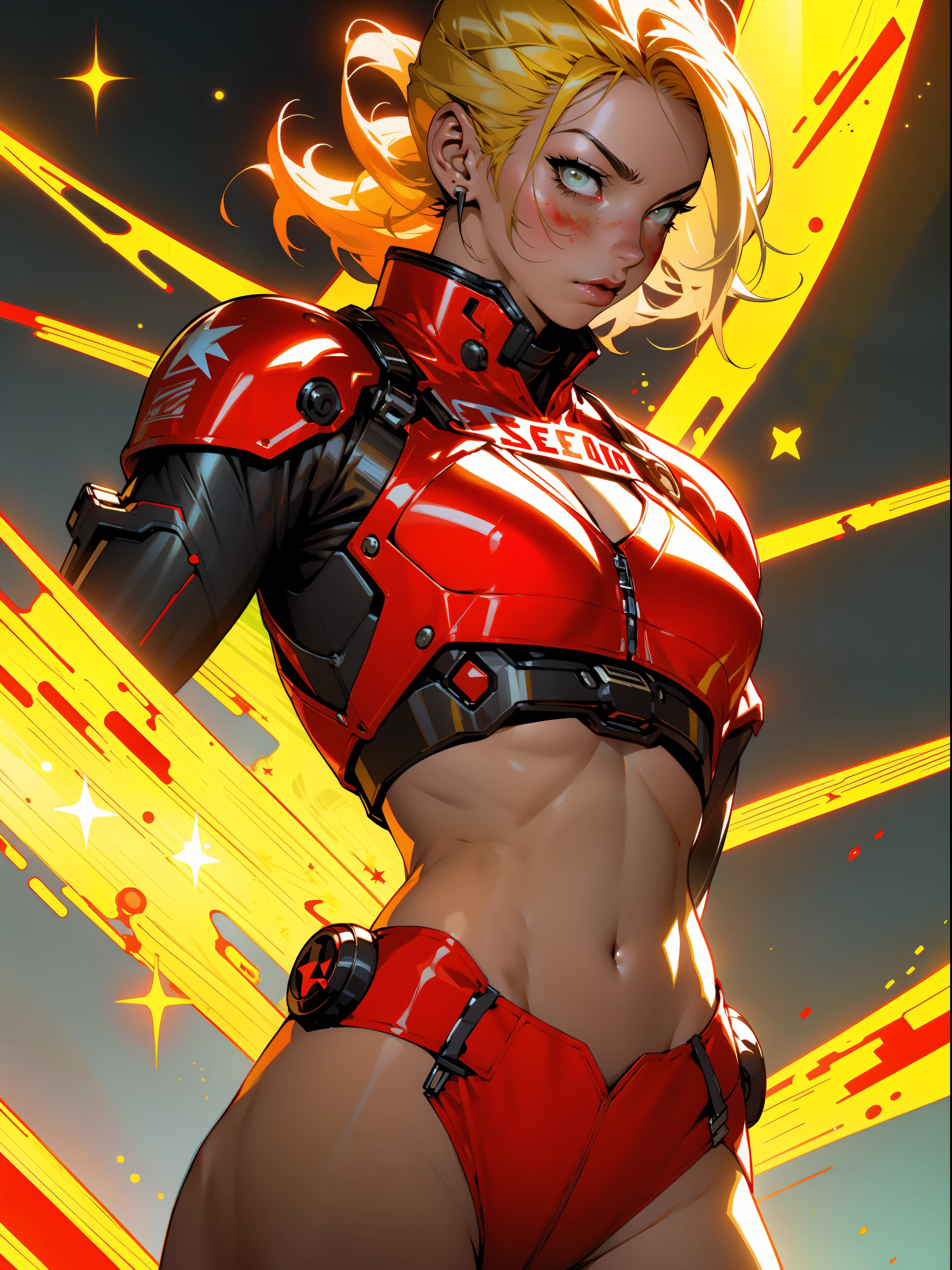 (((woman))), A 35-year-old muscular Russian warrior woman almost naked in the Simon Bisley style for the cover of Heavy Metal magazine, (((tiny red thong))), super short blonde hair, Minimum clothing, Cyrillic alphabet, red carbon fiber armor with yellow stars in hexagonal pattern stained with ink, (((red clothing with yellow stars)))), (((short-cut))), ((Annie Lennox)), inside a spaceship, cyberpunk, tight suits, bio mechanical suit,